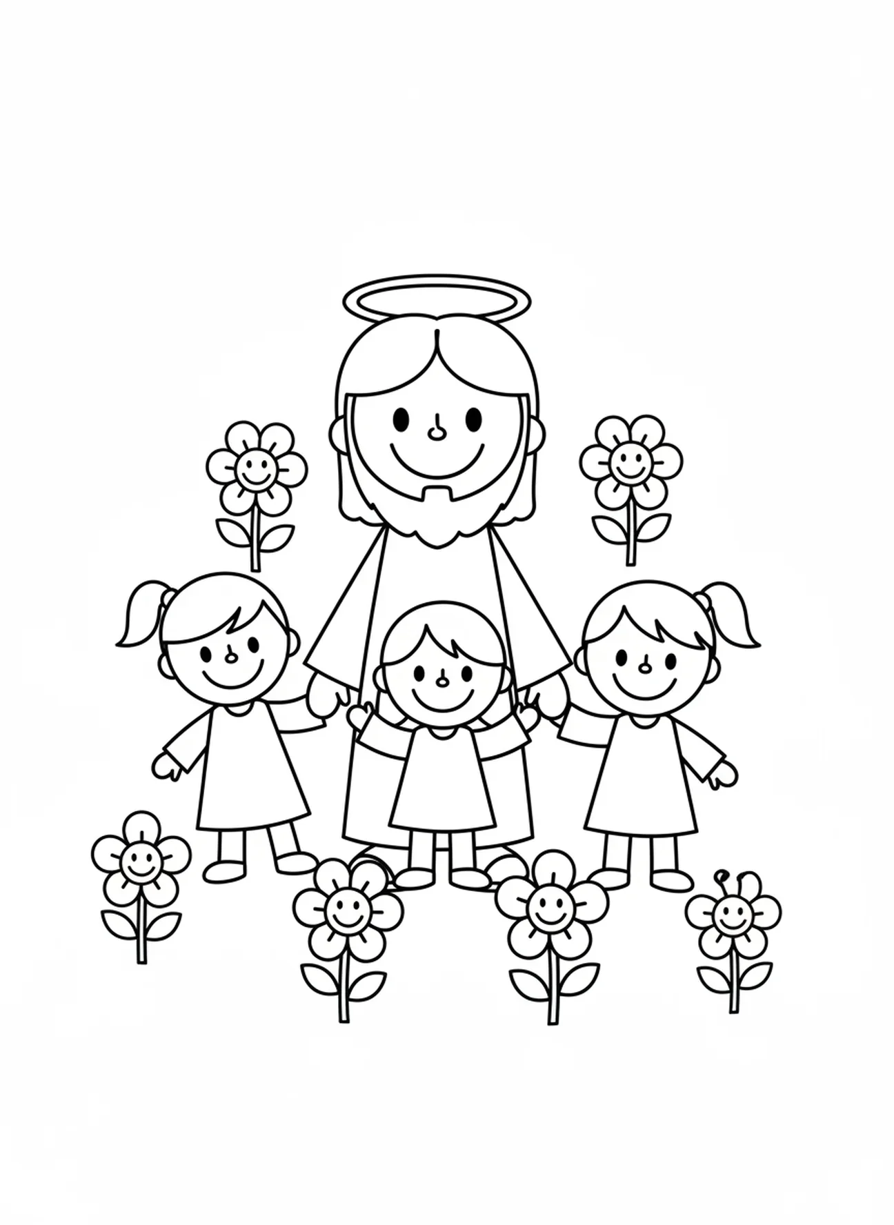 Crianças se reunindo ao redor de Jesus, página de colorir Jesus Ama as Crianças para pré-escolares de 3 a 5 anos