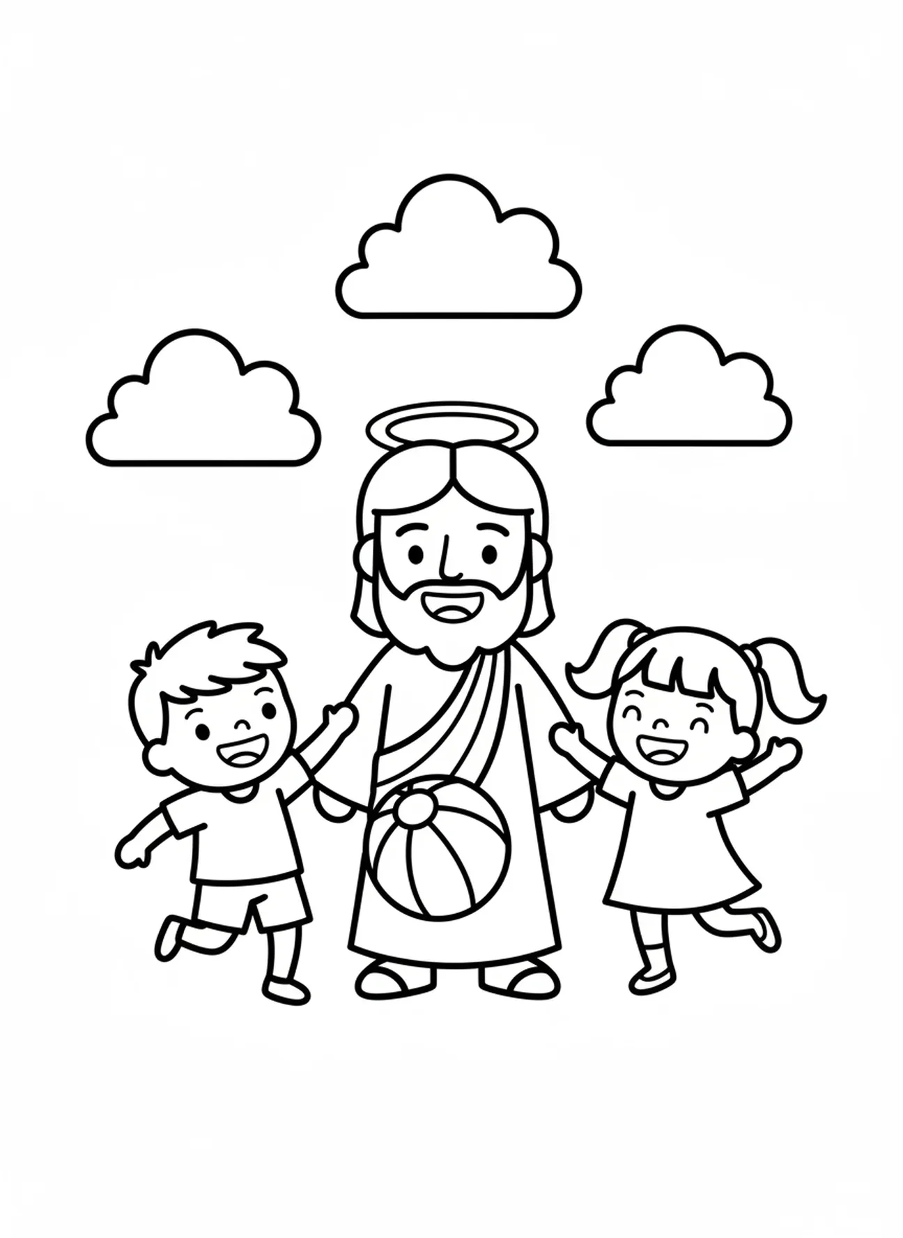 Crianças brincando com Jesus, página de colorir Jesus Ama as Crianças para pré-escolares de 3 a 5 anos