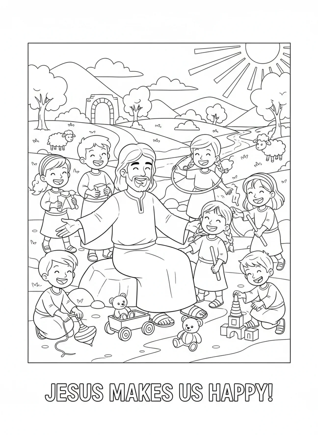 Enfants jouant avec Jésus, page à colorier Jésus aime les enfants pour les enfants de l'École du dimanche âgés de 5 à 12 ans