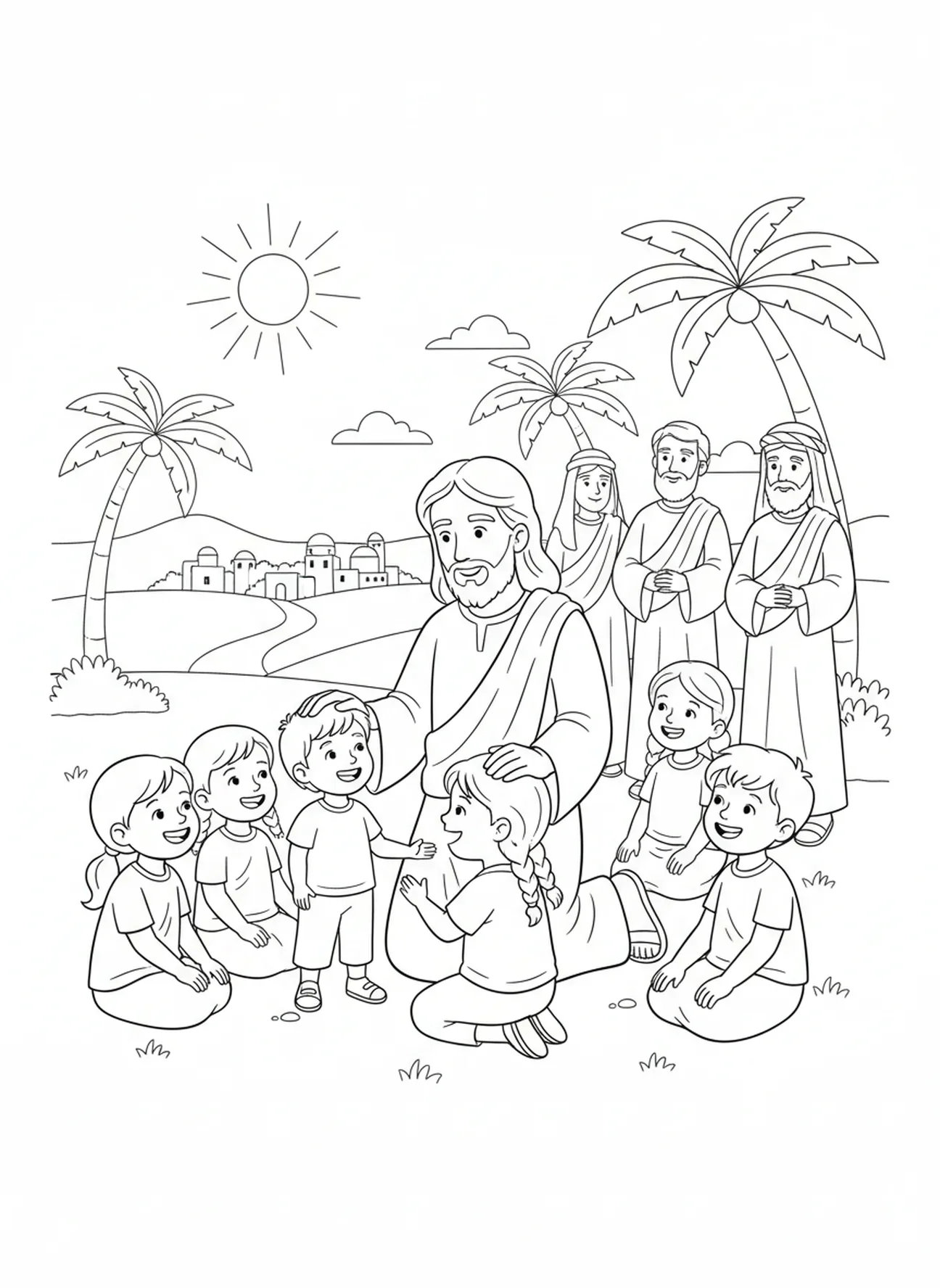 Jésus bénissant les enfants, page à colorier Jésus aime les enfants pour l'École du dimanche, enfants de 5 à 12 ans