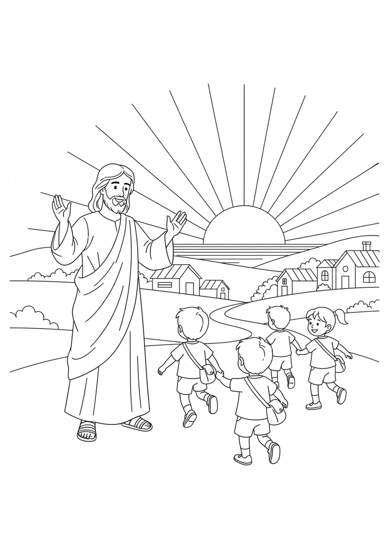 Jésus faisant un signe d'au revoir, page à colorier Jésus aime les enfants pour les enfants de l'École du dimanche âgés de 5 à 12 ans