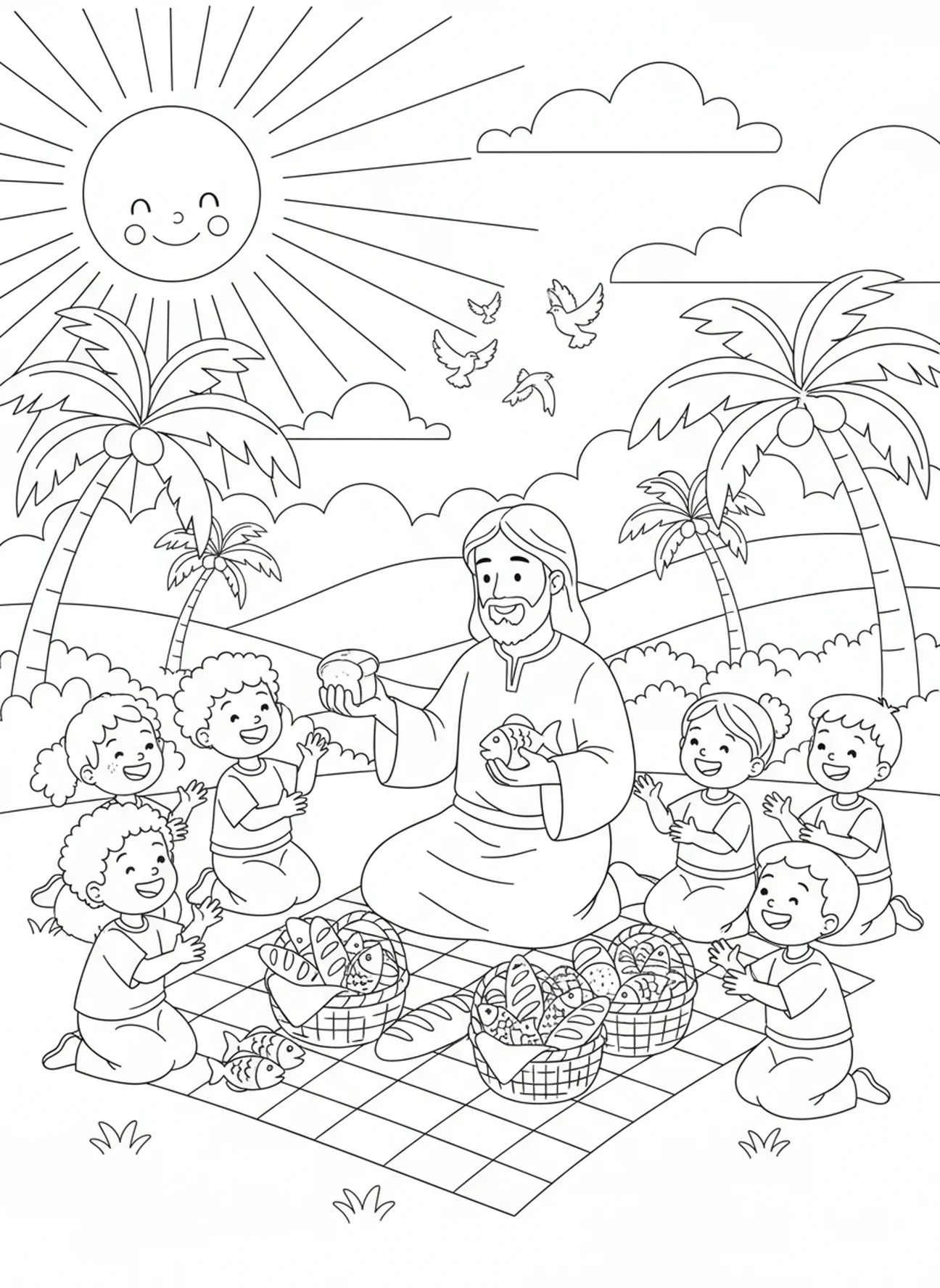 Jésus partageant de la nourriture, page à colorier Jésus aime les enfants pour les enfants de l'École du dimanche âgés de 5 à 12 ans