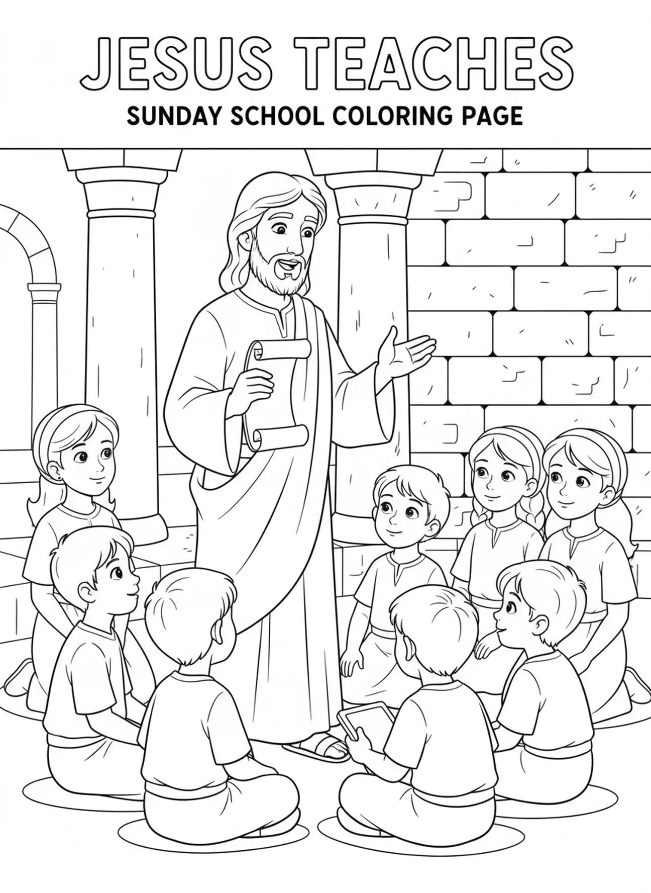 Jésus enseignant avec un rouleau, page à colorier Jésus aime les enfants pour les enfants de l'École du dimanche âgés de 5 à 12 ans