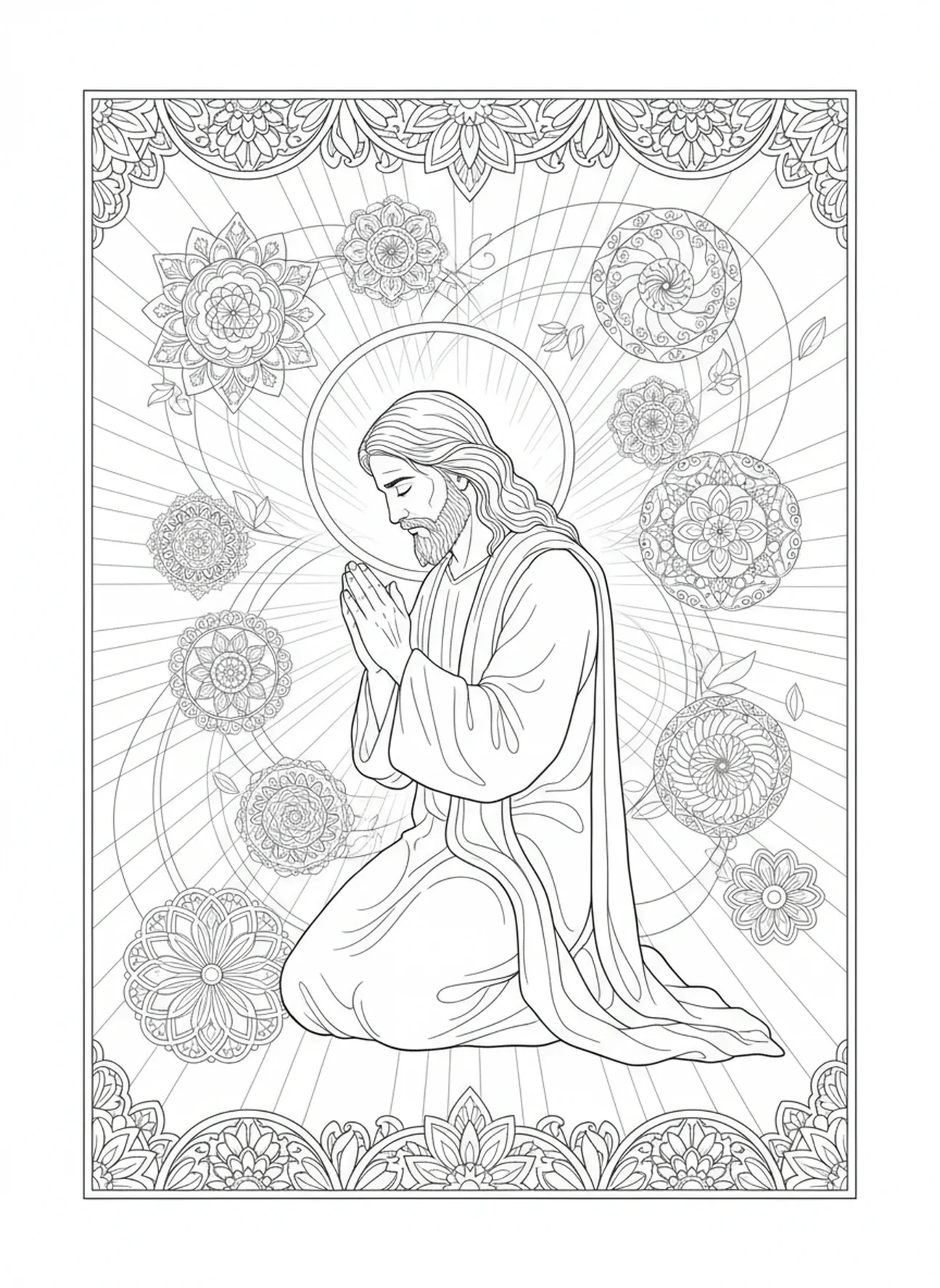 Jesus im letzten Gebet, Ausmalbild von Jesus beim Beten im Stil des Bibel-Journaling für Erwachsene