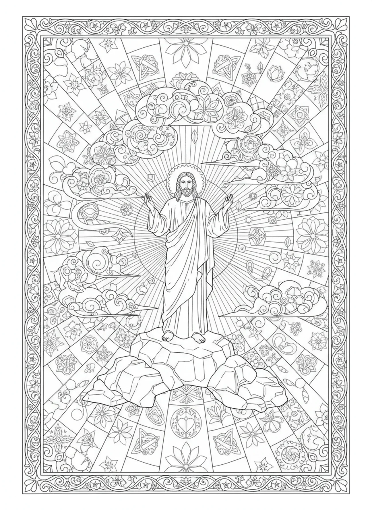 Jesus betet allein auf einem Felsen, Ausmalbild von Jesus betend im Stil des Bibel-Journalings für Erwachsene
