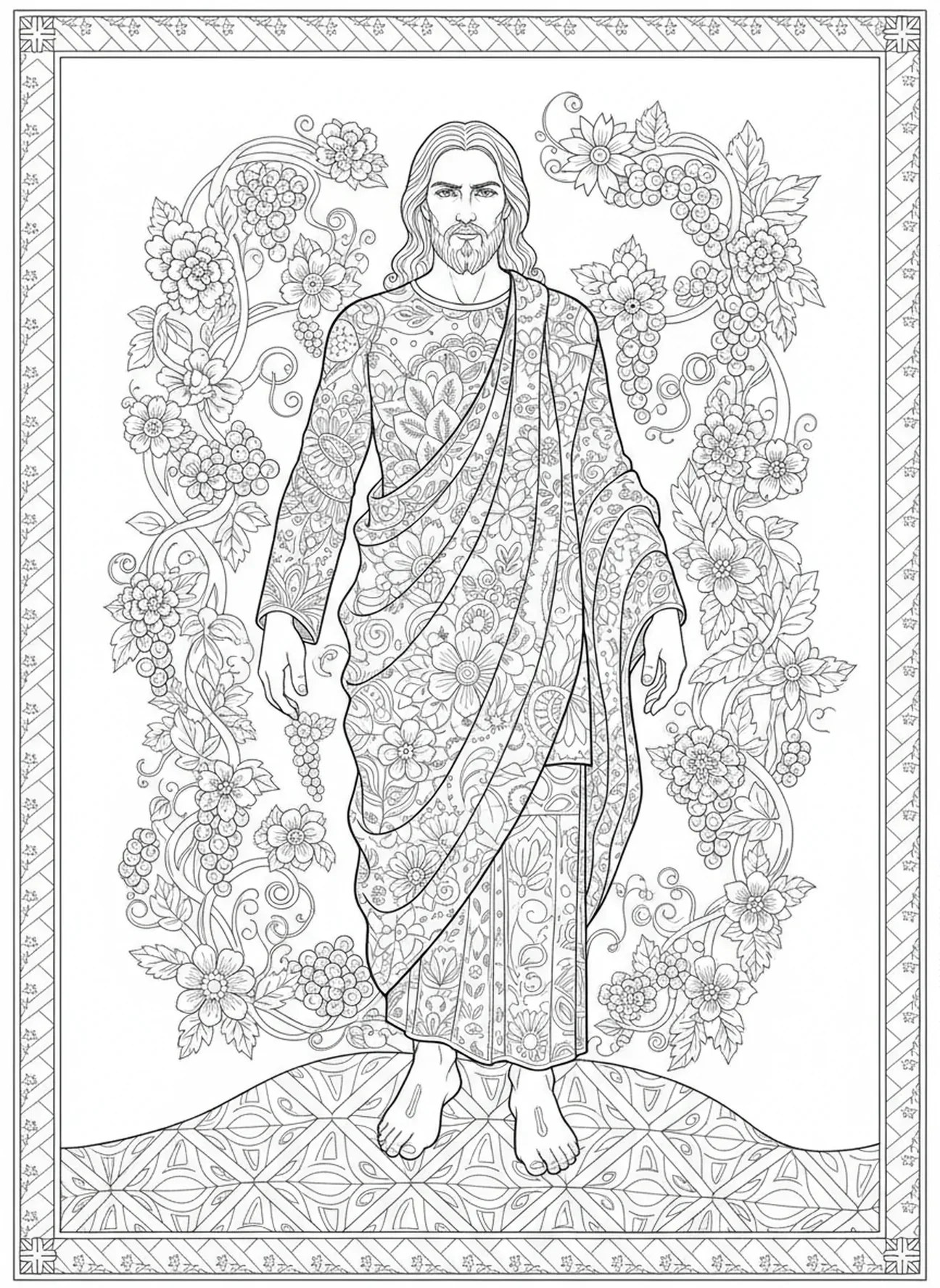 Entschlossener Jesus im Gebet, Ausmalbild von Jesus im Gebet für Erwachsene im Stil des Bibeljournaling