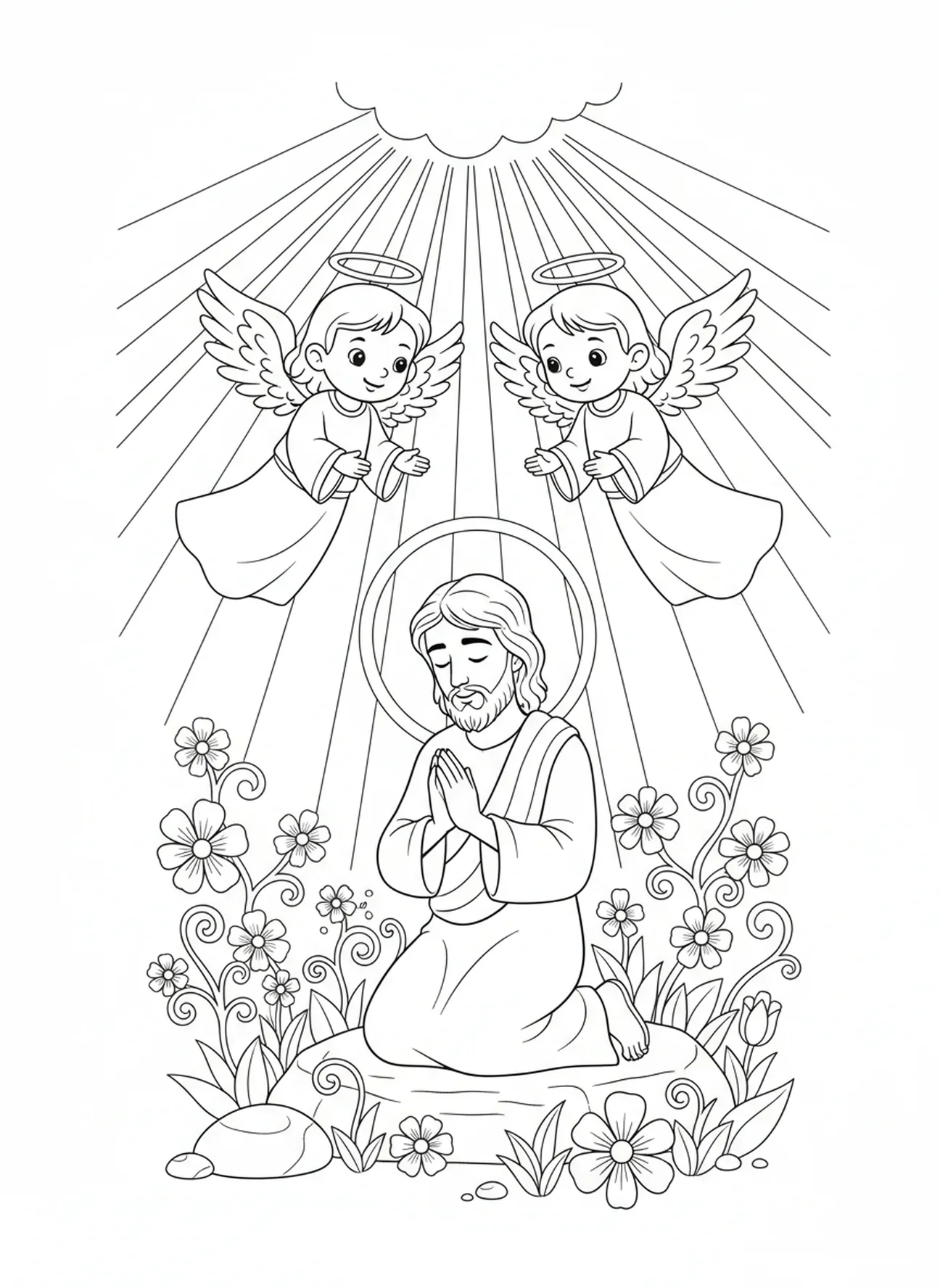 Zwei Engel trösten Jesus, Ausmalbild von Jesus beim Beten für Kinder im Alter von 5-10 Jahren