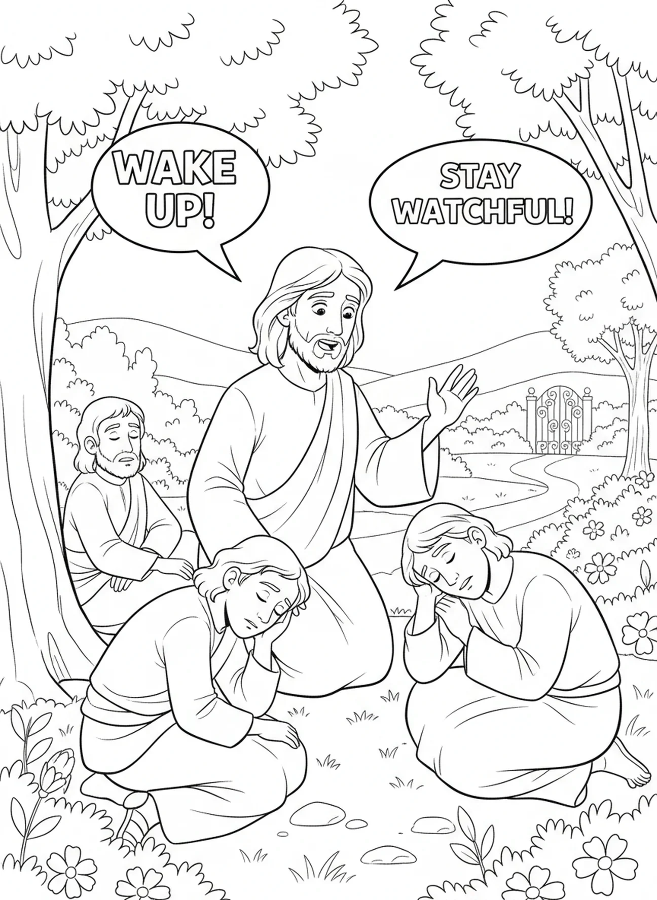 Jesus weckt die Jünger, Jesus betet Ausmalbild für Kinder im Alter von 5-10 Jahren