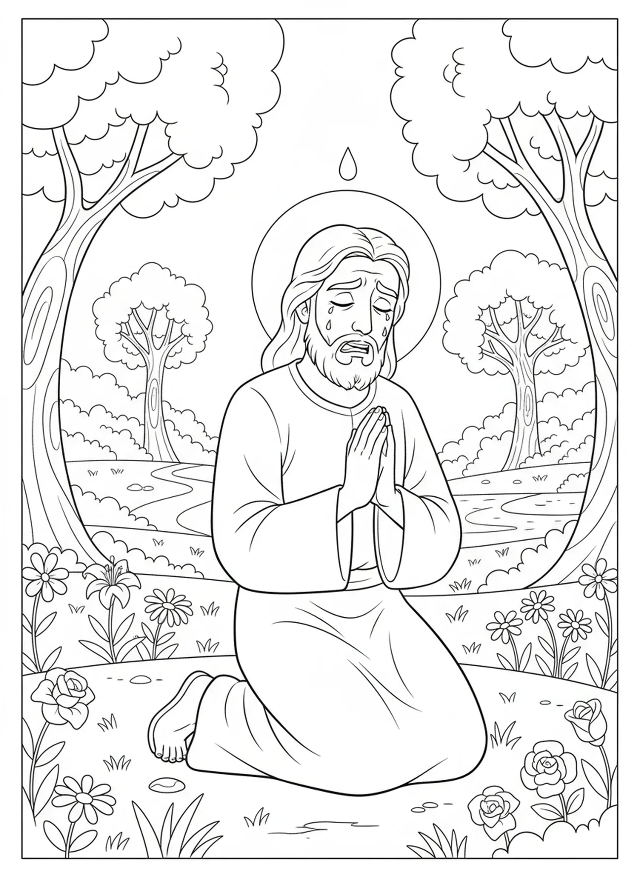 Jesus in Angst während des Gebets, Ausmalbild von Jesus beim Beten für Kinder im Alter von 5-10 Jahren