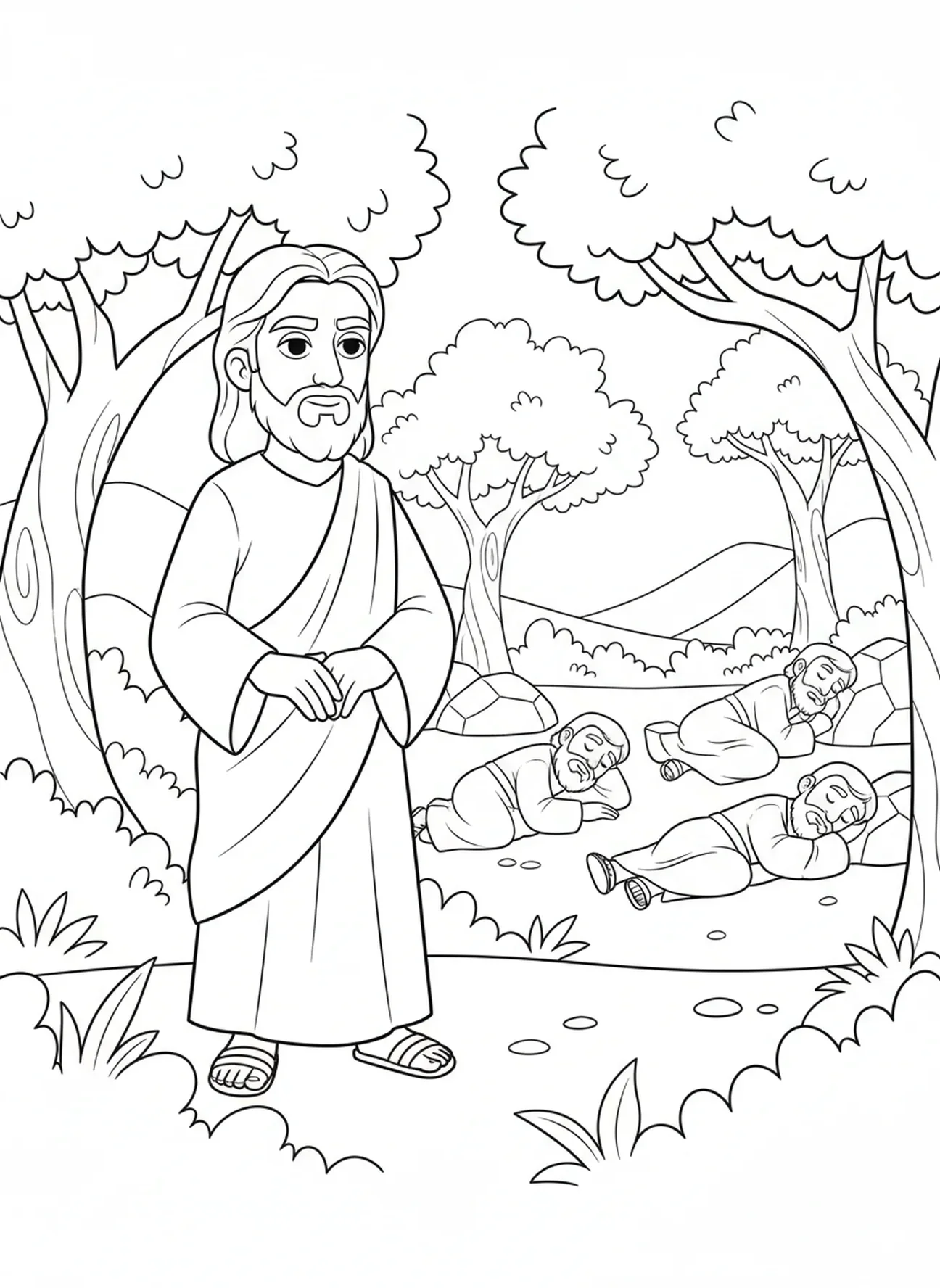 Jesus steht nach dem Gebet, Ausmalbild von Jesus beim Beten für Kinder im Alter von 5-10 Jahren
