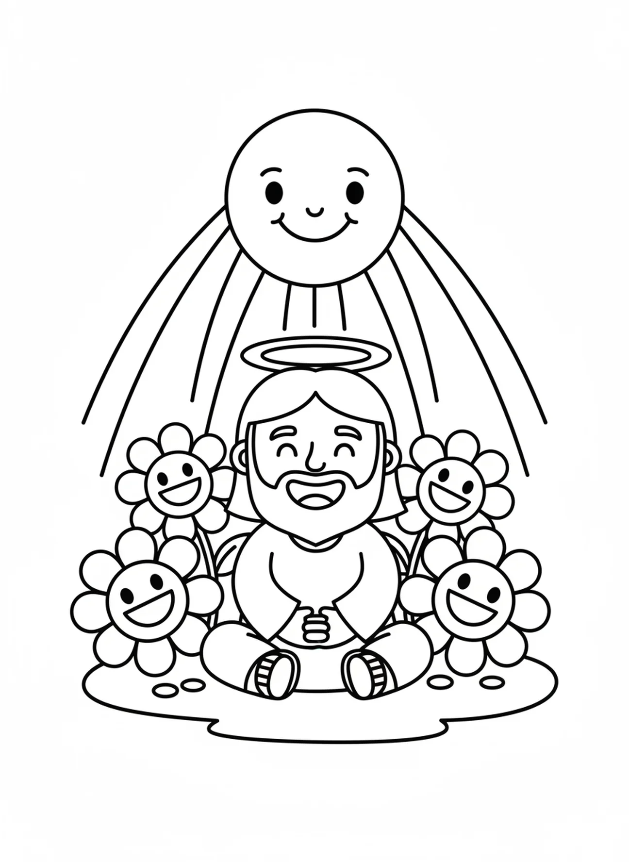 Jesus sorridente no jardim, página de colorir Jesus Orando para crianças de 3 a 5 anos