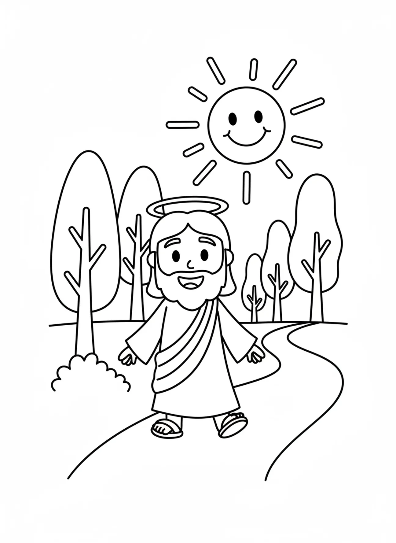 Jesus sorridente caminhando, página para colorir Jesus orando para pré-escolares de 3 a 5 anos