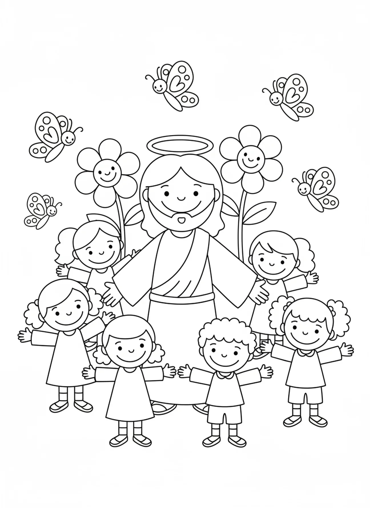 Crianças felizes ao redor de Jesus, página para colorir Jesus Orando para pré-escolares de 3 a 5 anos