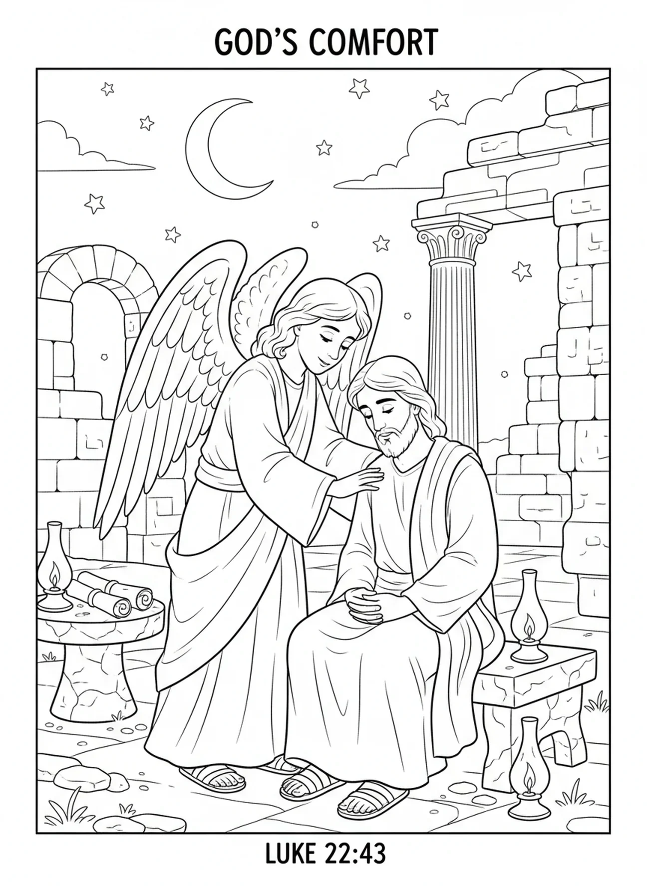 Un ange réconfortant Jésus, page à colorier de Jésus en prière pour les enfants de l'École du dimanche âgés de 5 à 12 ans.
