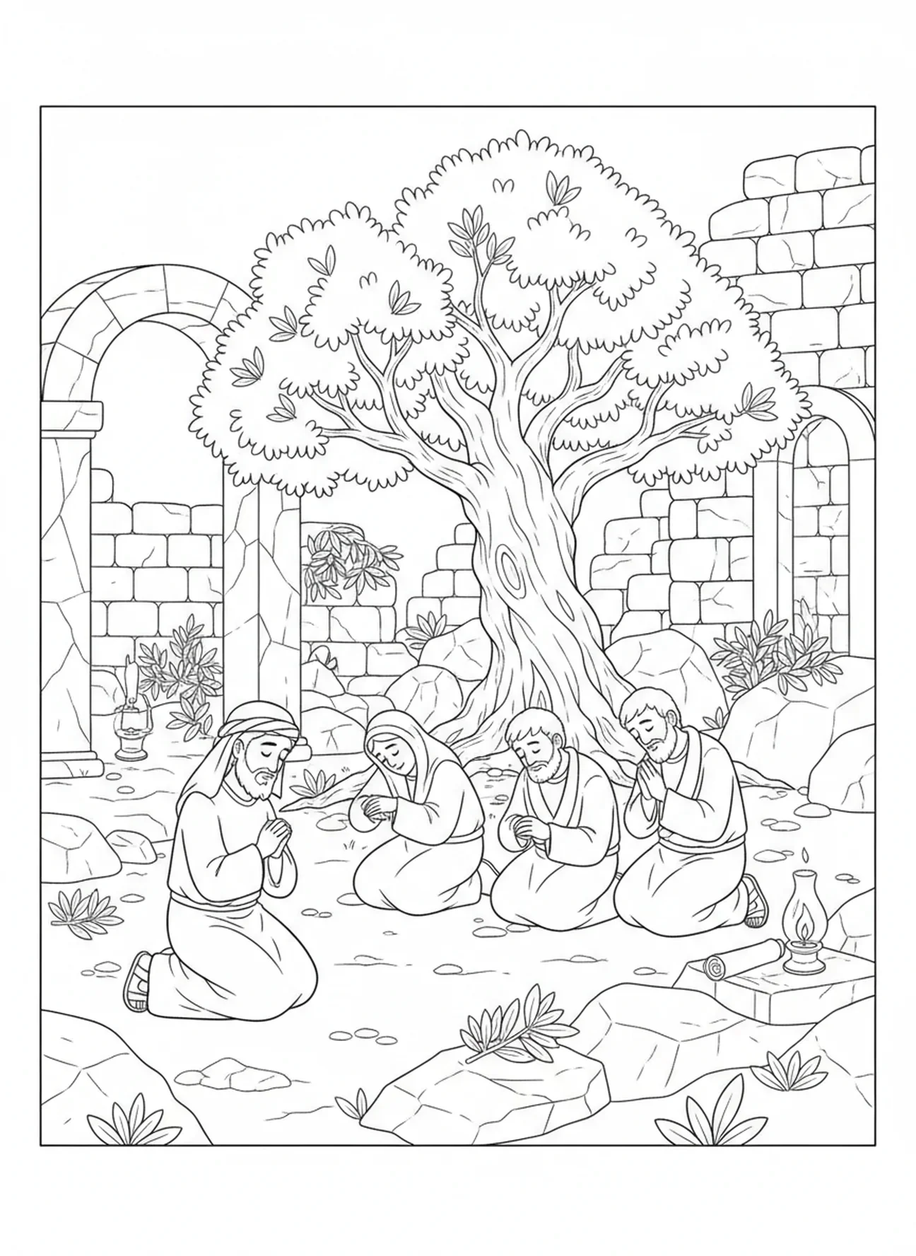 Trois disciples endormis, Jésus en prière page à colorier pour les enfants de l'École du dimanche âgés de 5 à 12 ans.
