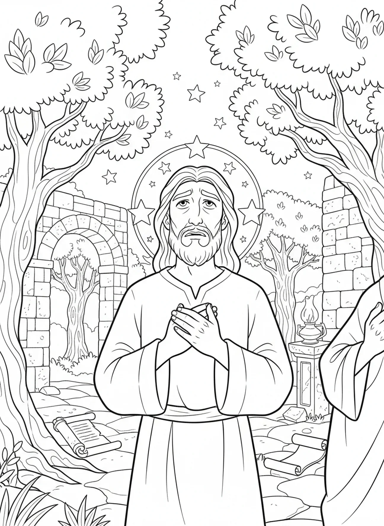 Jésus en souffrance, page à colorier de Jésus en prière pour les enfants de l'École du dimanche âgés de 5 à 12 ans.