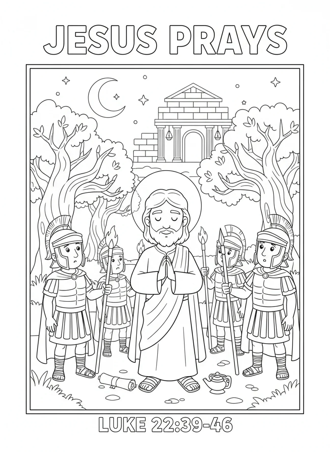 Jésus entouré de gardes, page à colorier de Jésus en prière pour les enfants de l'École du dimanche âgés de 5 à 12 ans.