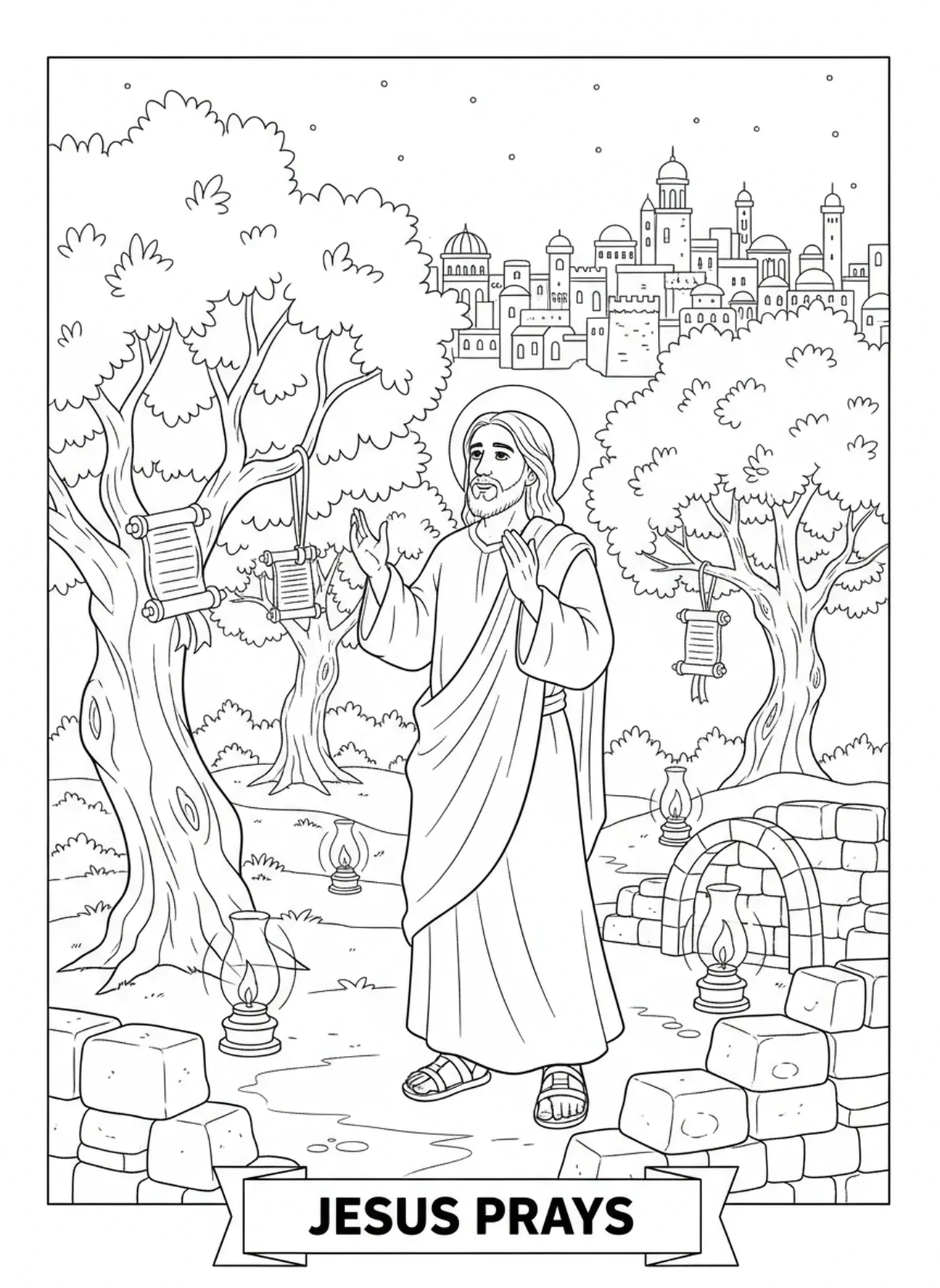 Jésus levant les mains en prière, page à colorier Jésus en prière pour les enfants de l'École du dimanche âgés de 5 à 12 ans.