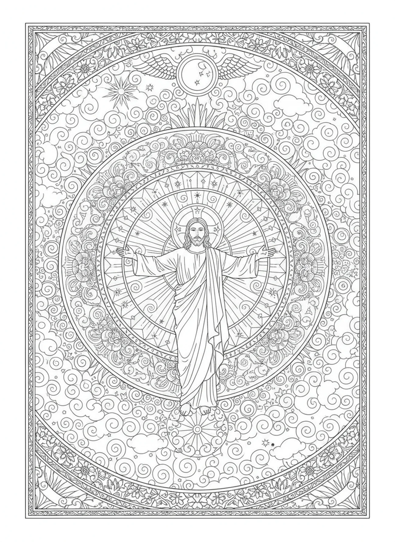 Ascension de Jésus, page à colorier sur la Résurrection de Jésus pour adultes dans un style de journal biblique.