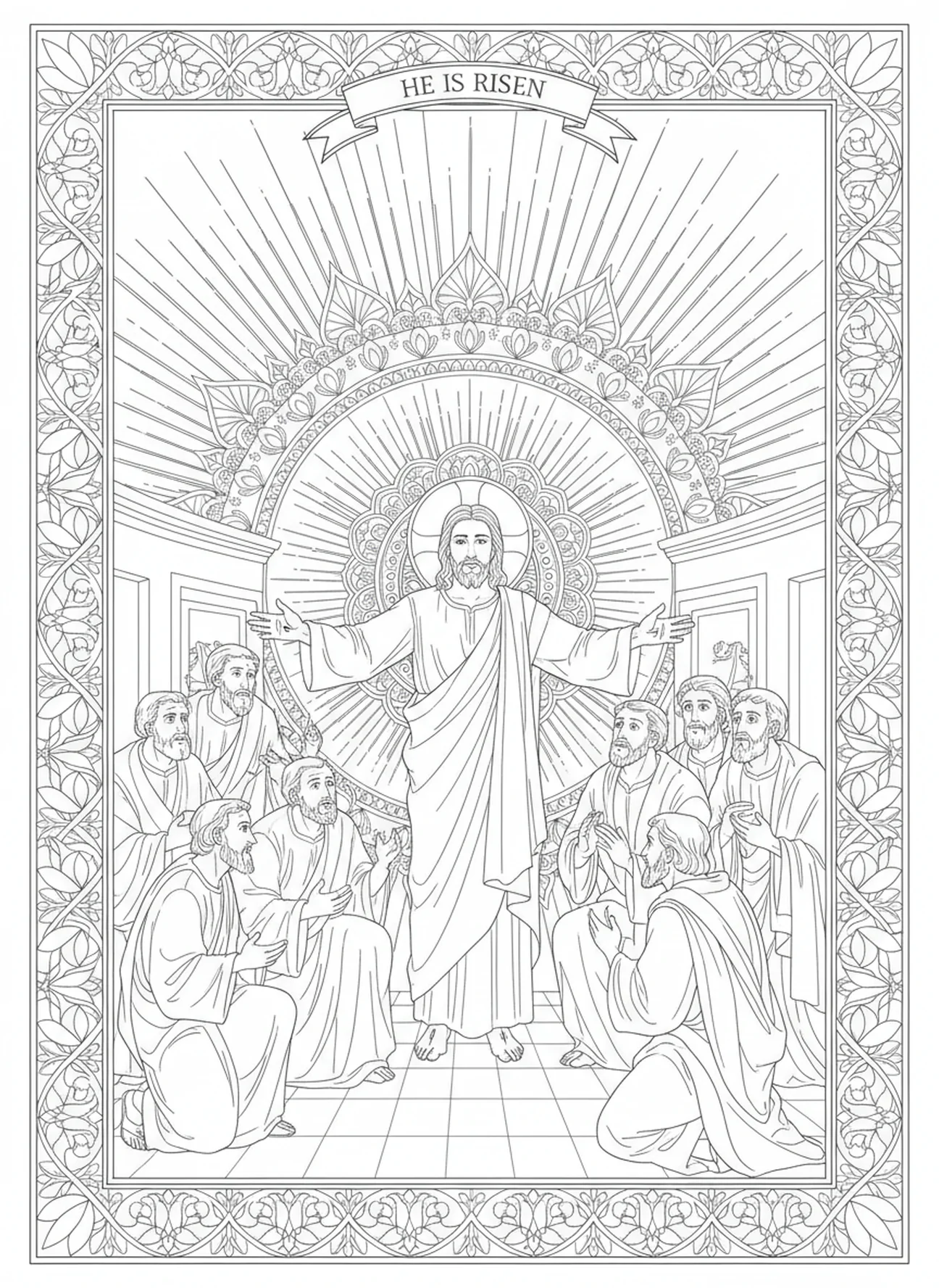 Disciples rencontrant Jésus, page à colorier sur la Vie de Résurrection de Jésus pour le journal biblique pour adultes.