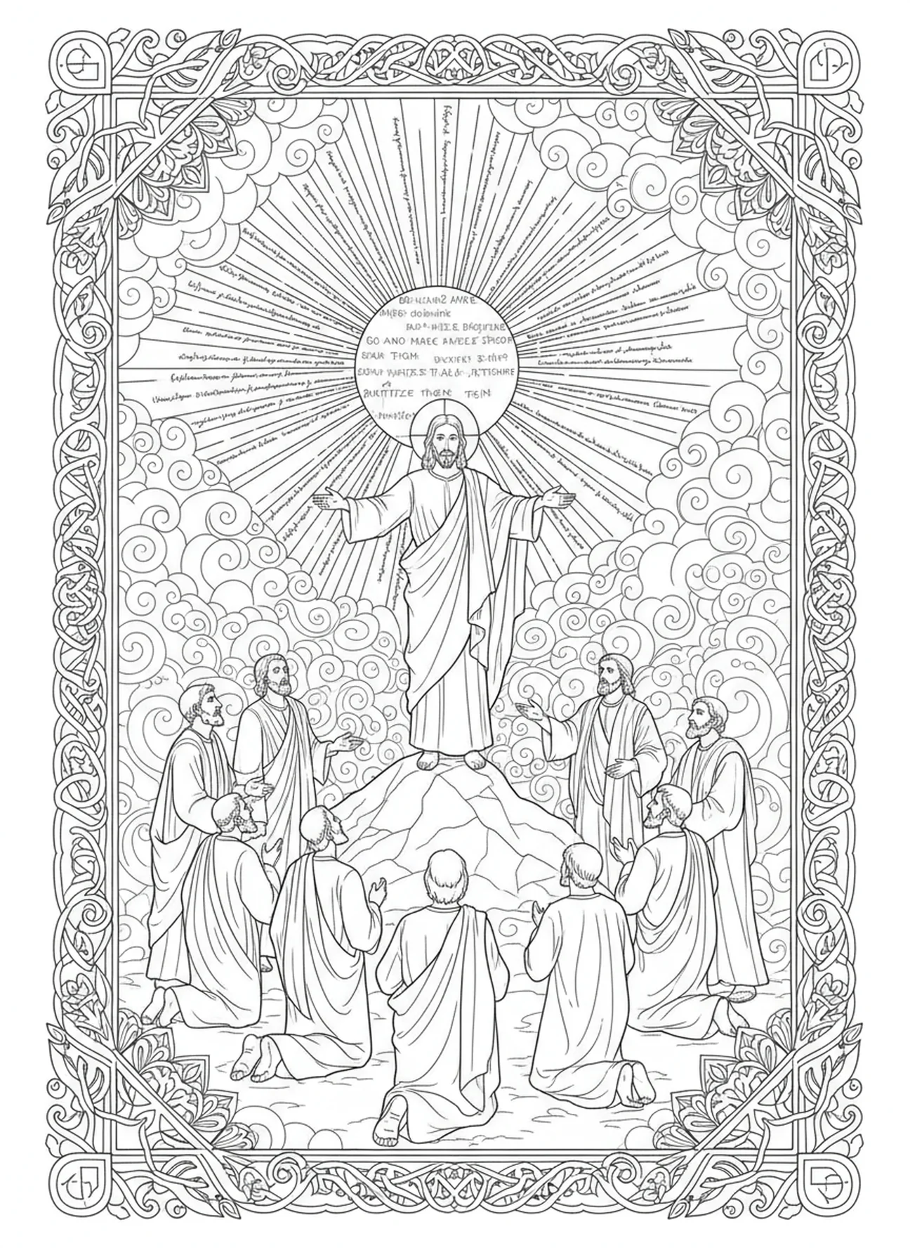 La Grande Commission, page à colorier sur la Résurrection de Jésus pour le style de journal biblique des adultes.