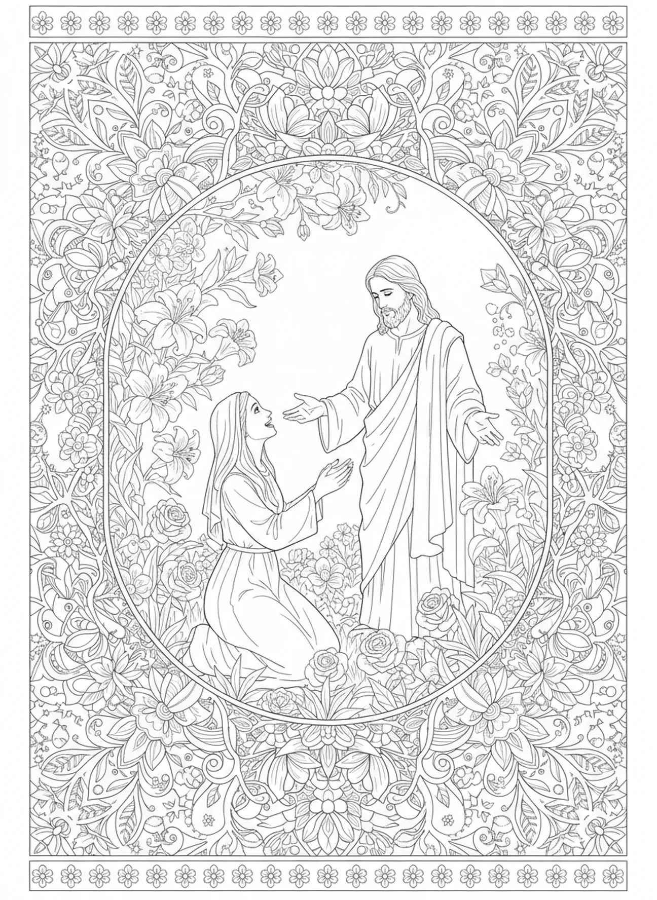 Jésus apparaissant à Marie, page à colorier sur la Vie de Résurrection de Jésus pour le journal biblique des adultes.