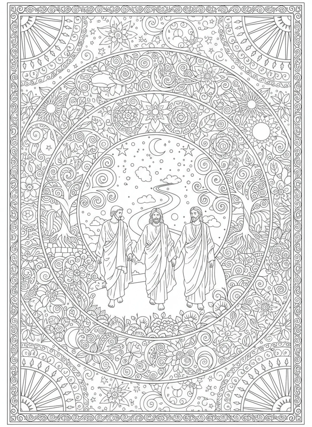 Disciples sur le chemin d'Emmaüs, page à colorier sur la Résurrection de Jésus pour le journaling biblique.