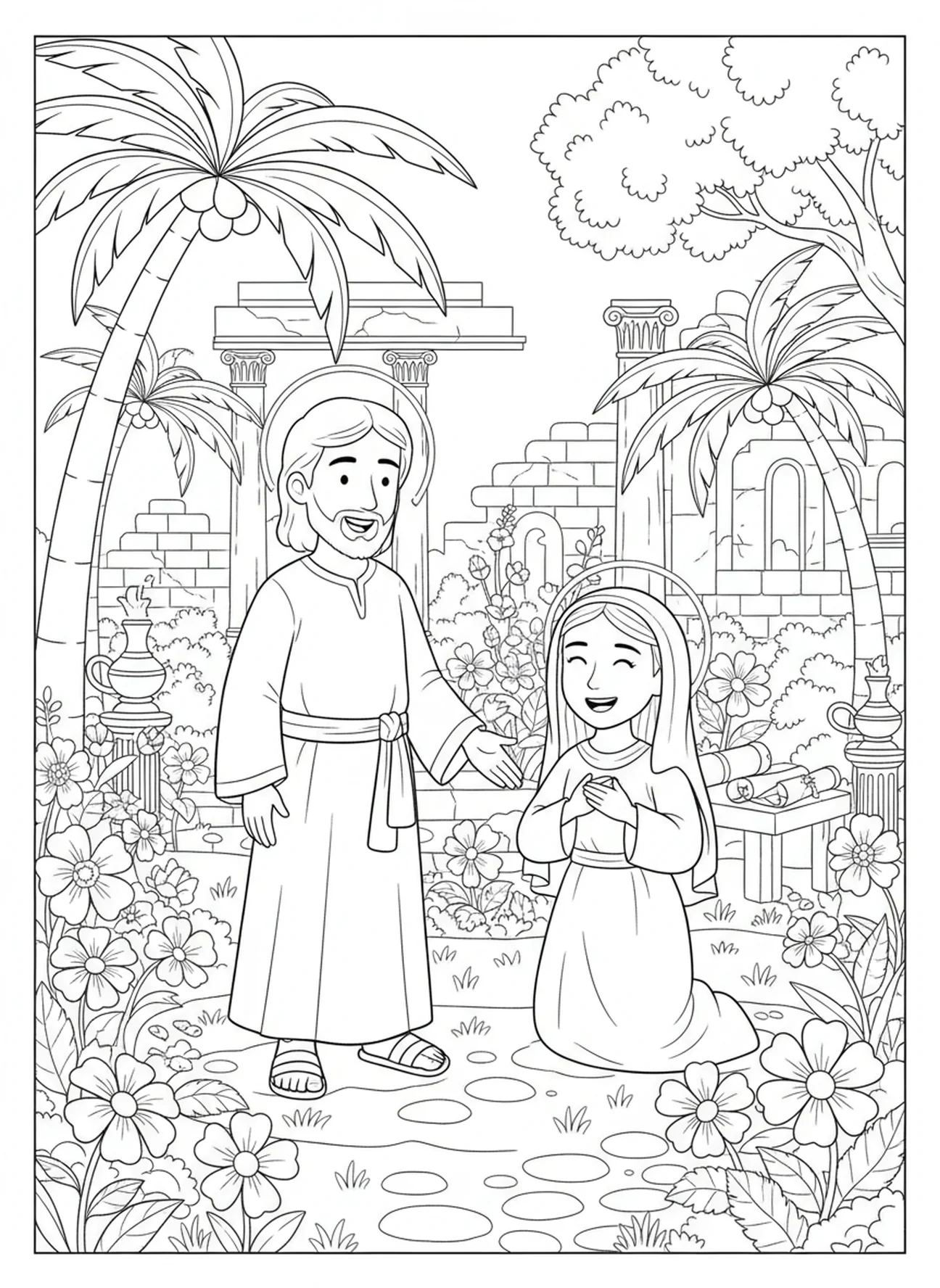 Jesus aparecendo a Maria Madalena, página de colorir sobre a Ressurreição de Jesus para crianças de 5 a 12 anos na Escola Dominical.