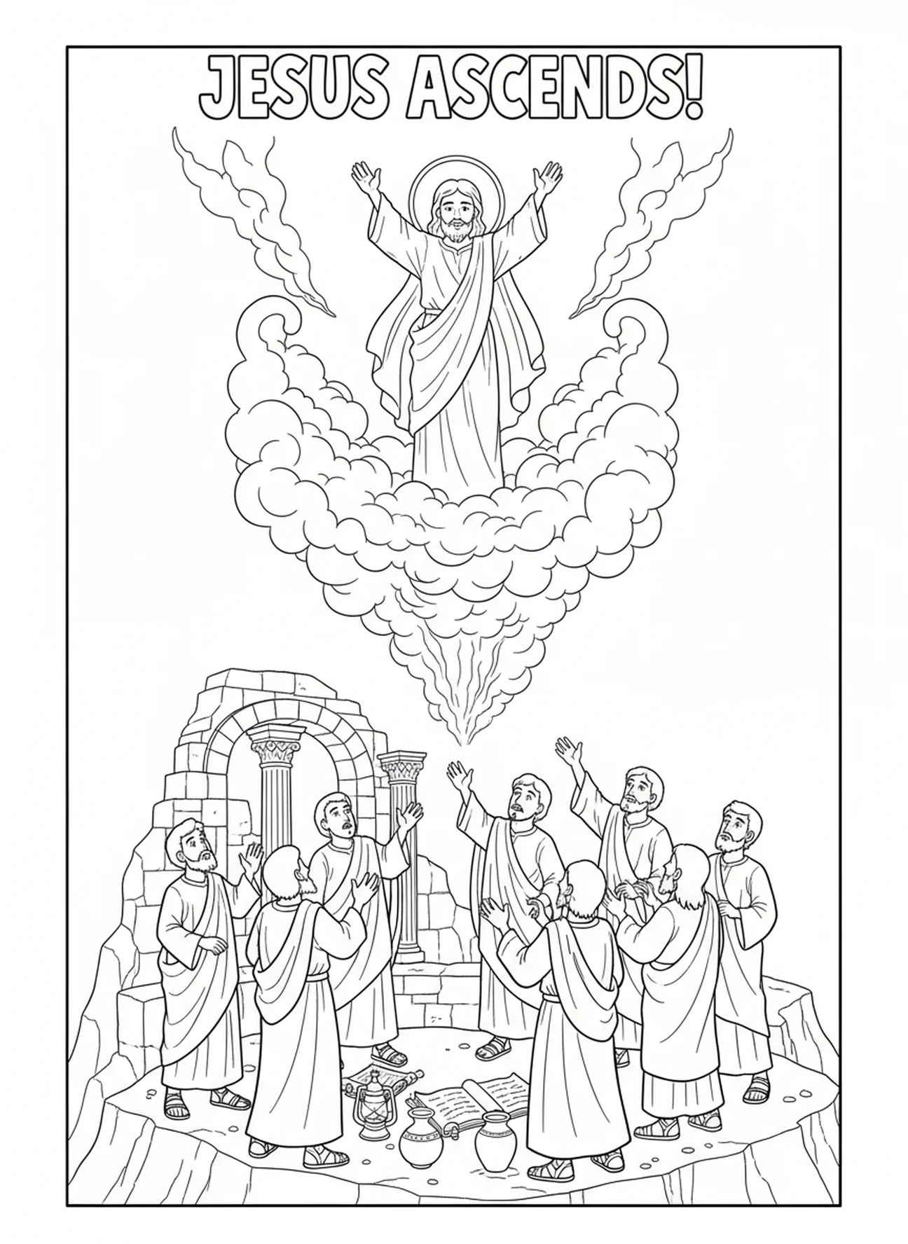 Jesus subindo para as nuvens, página de colorir sobre a Vida da Ressurreição de Jesus para crianças da Escola Dominical de 5 a 12 anos.