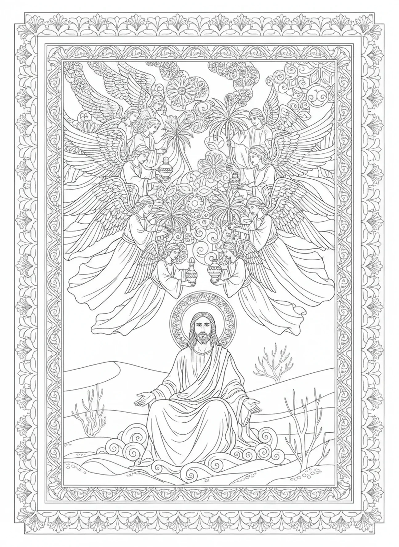 Engel, die Jesus dienen, Ausmalbild zur Versuchung Jesu im Stil des Bibel-Journalings für Erwachsene.