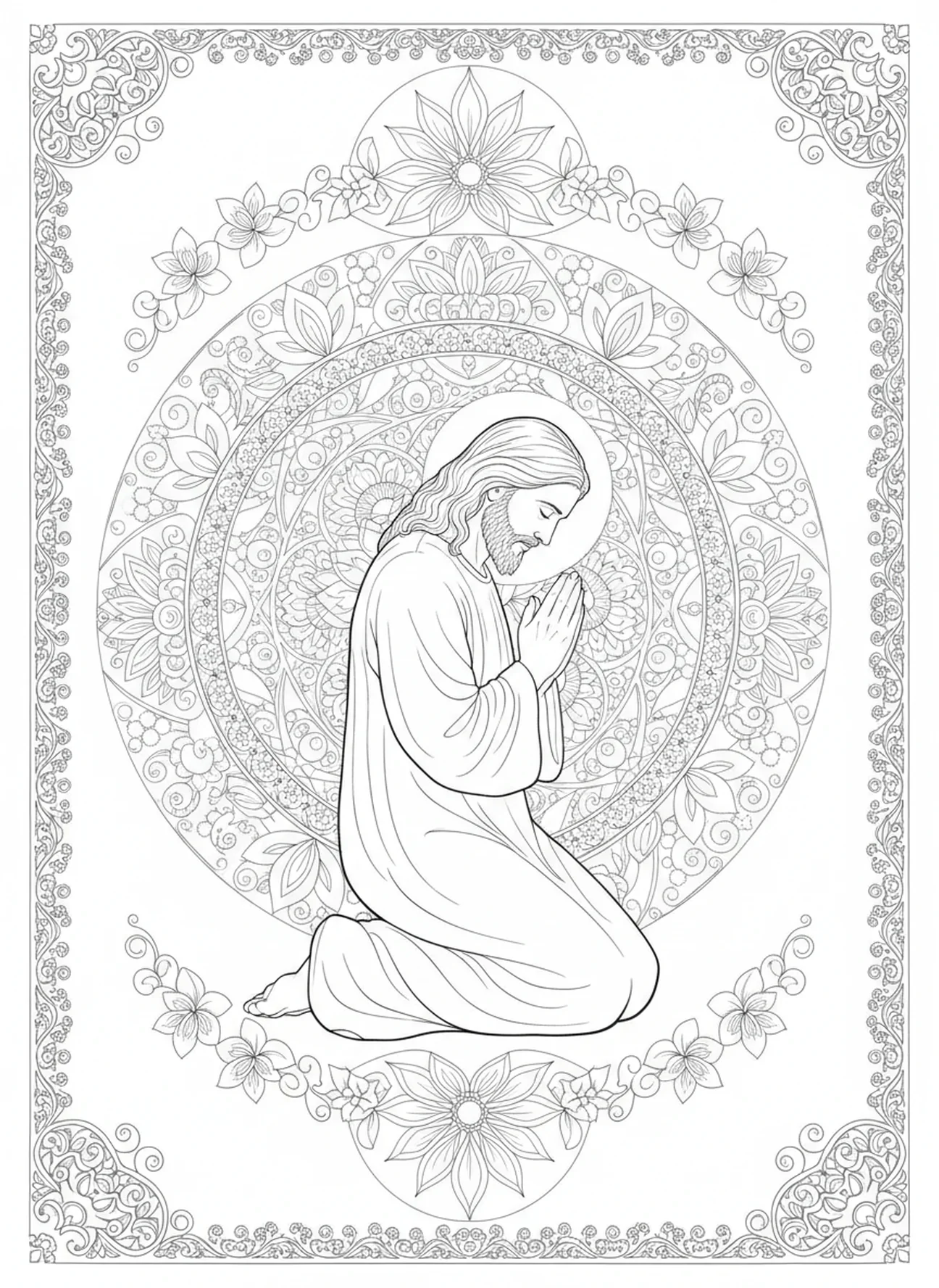 Jesus im kontemplativen Gebet, Ausmalbild zur Versuchung Jesu für Erwachsene im Bibel-Journaling-Stil.