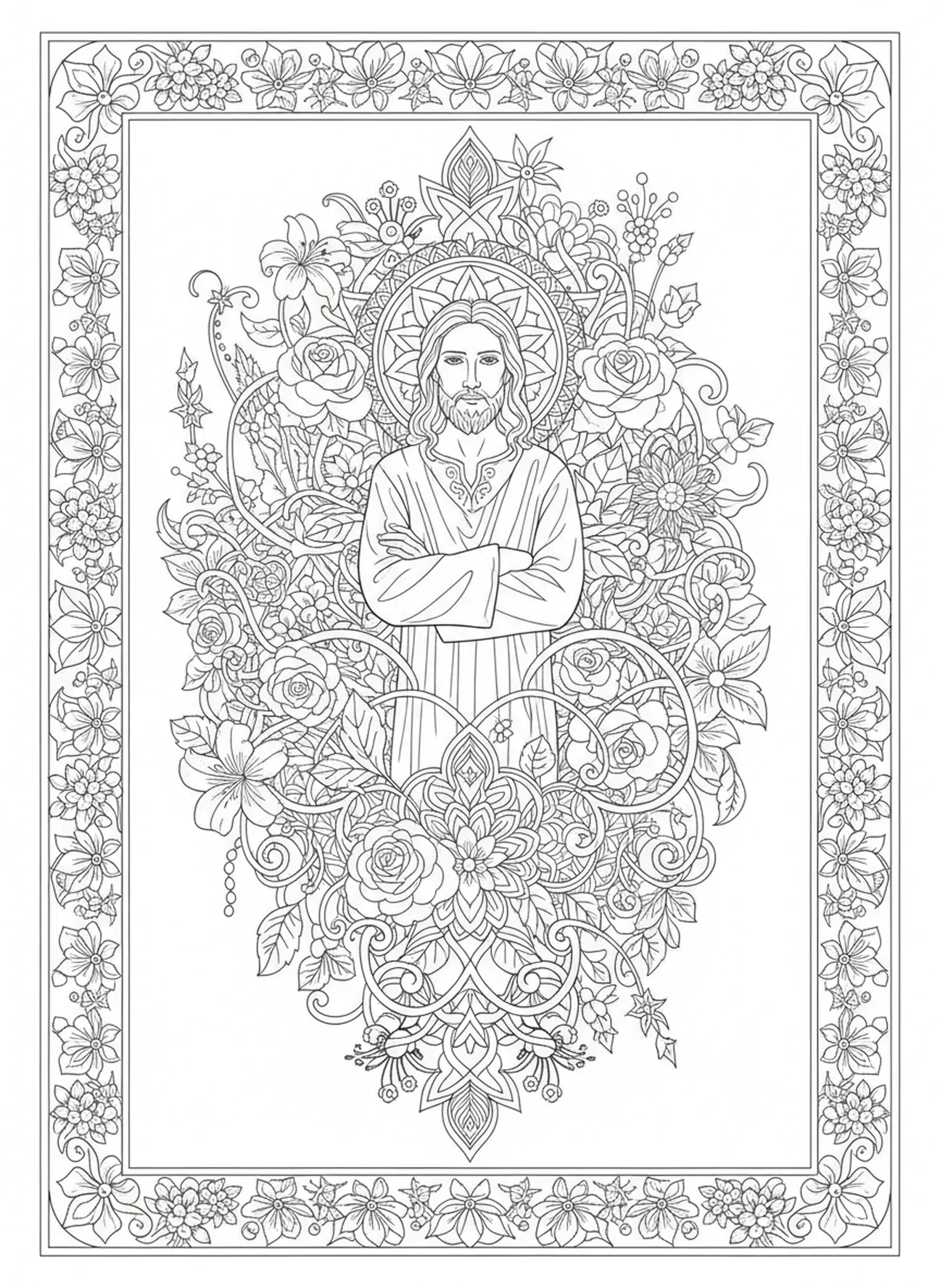 Jesus widersteht der Versuchung, Ausmalbild zur Versuchung Jesu im Stil des Bibeljournaling für Erwachsene.