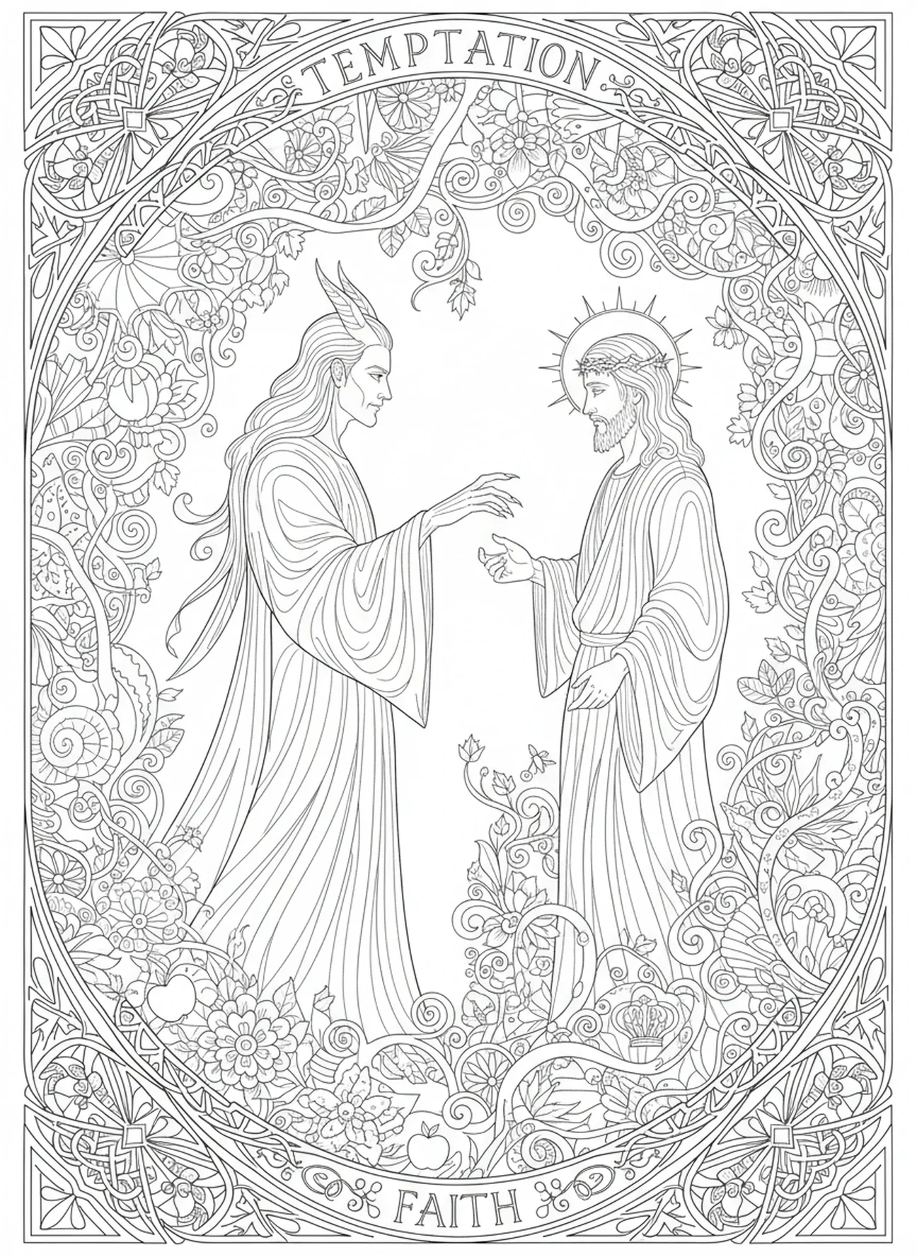 Satan versucht Jesus, Ausmalbild zur Versuchung Jesu für Erwachsene im Bibel-Journaling-Stil.