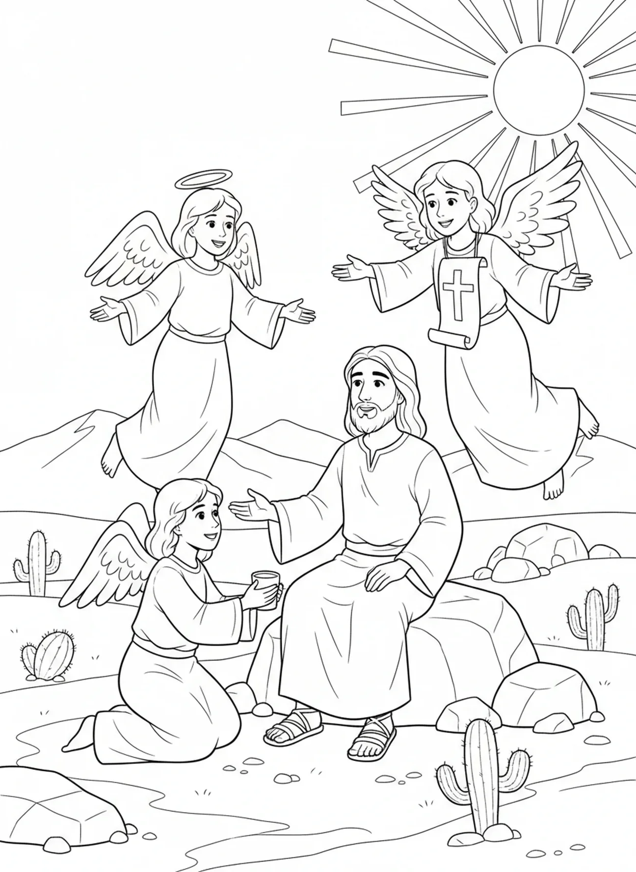Anges réconfortant Jésus, page à colorier sur la Tentation de Jésus pour les enfants de 5 à 10 ans.