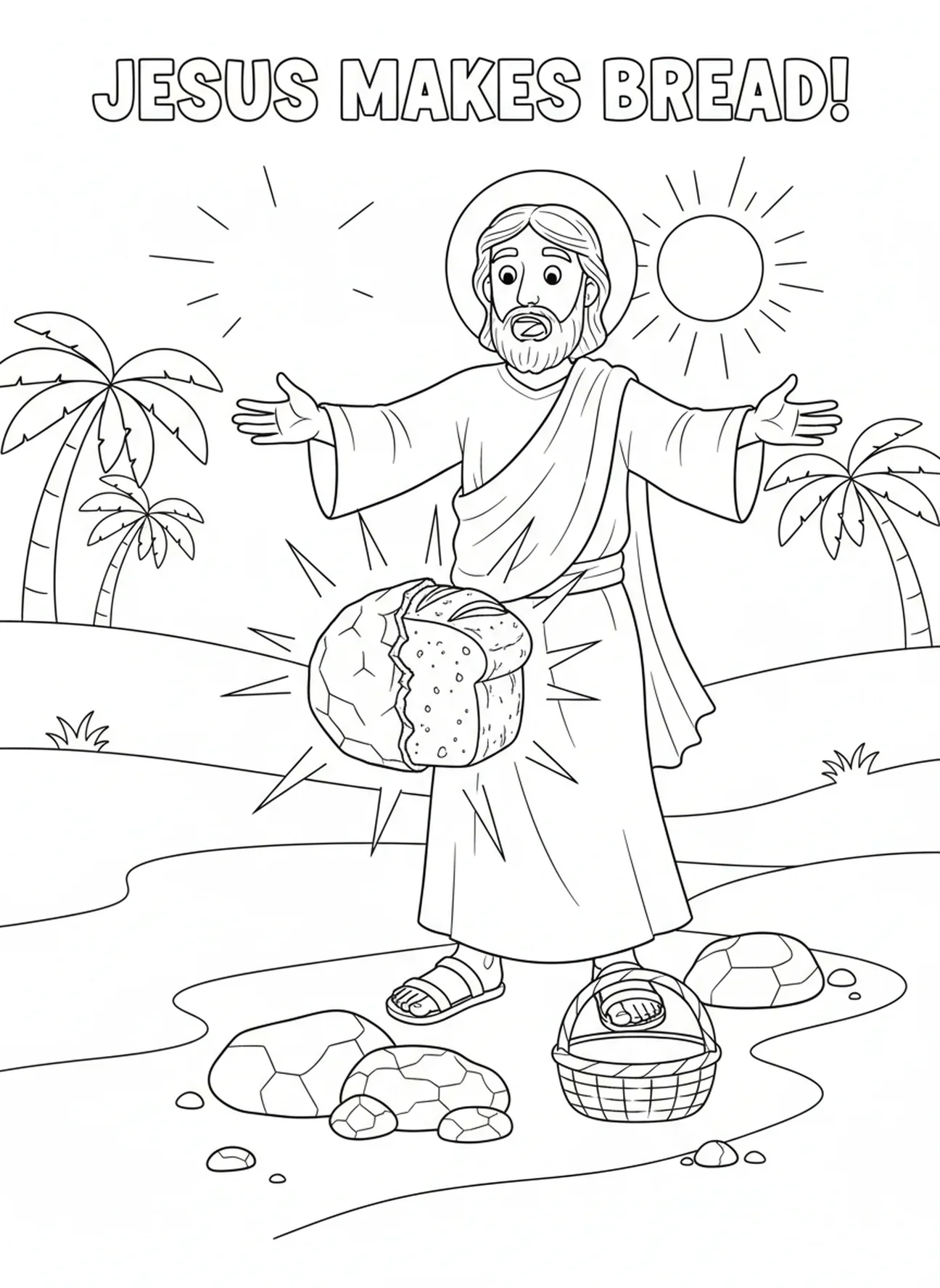 Jésus transformant la pierre en pain, page à colorier sur la Tentation de Jésus pour les enfants de 5 à 10 ans.