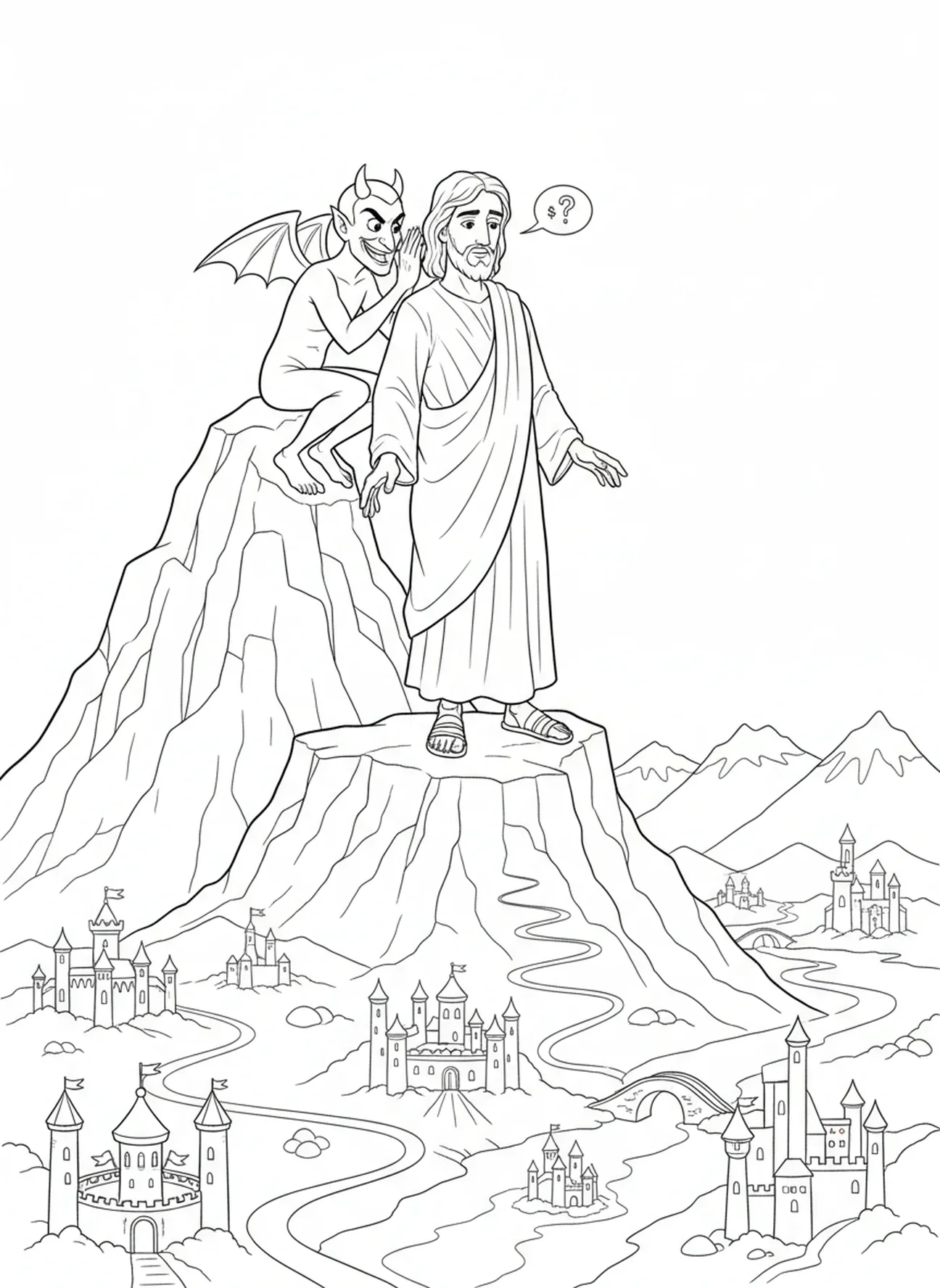 Jésus sur une montagne avec le diable, page à colorier de la Tentation de Jésus pour les enfants de 5 à 10 ans.