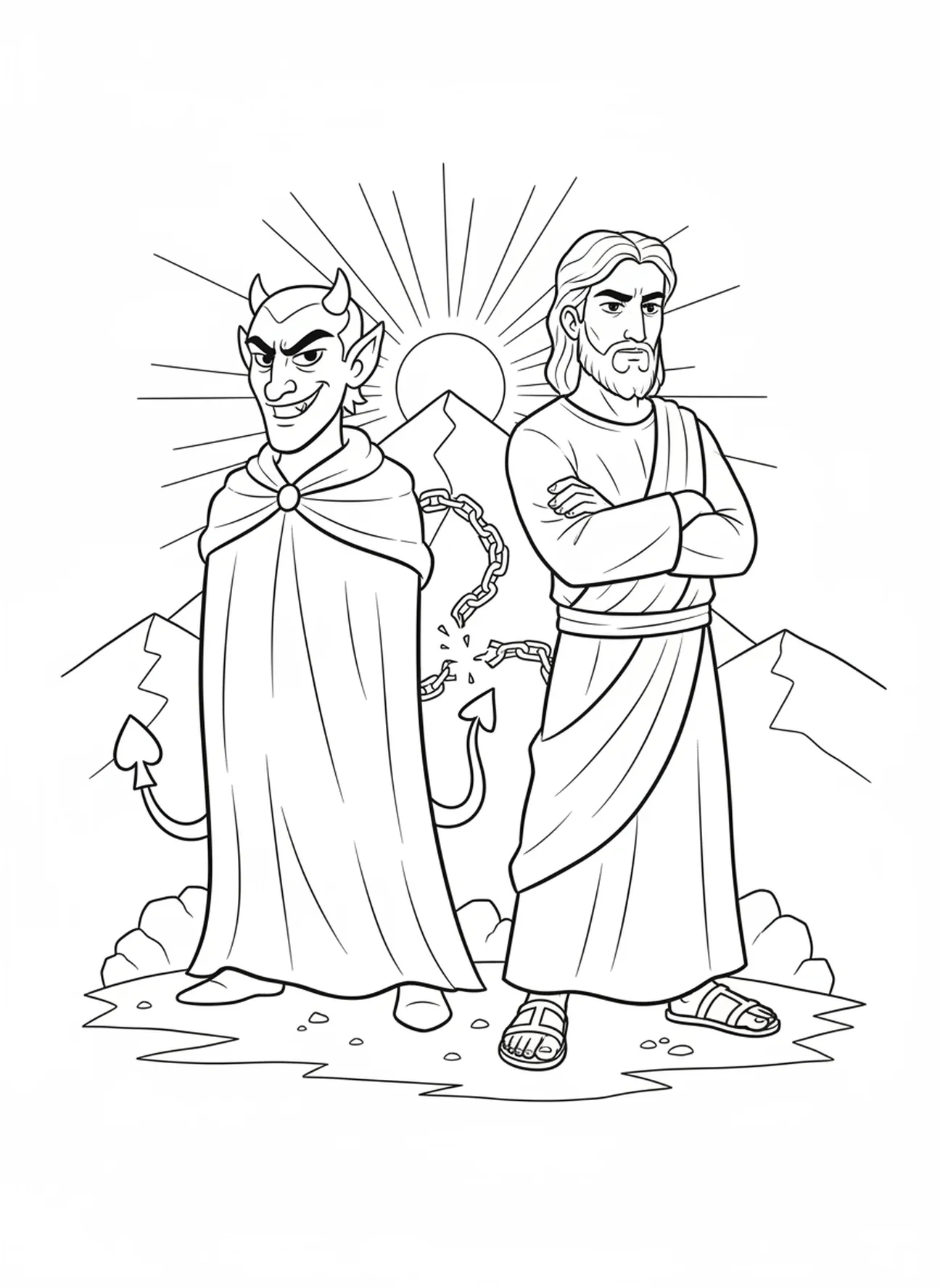 Jésus résistant à la tentation, page à colorier sur la tentation de Jésus pour les enfants de 5 à 10 ans.