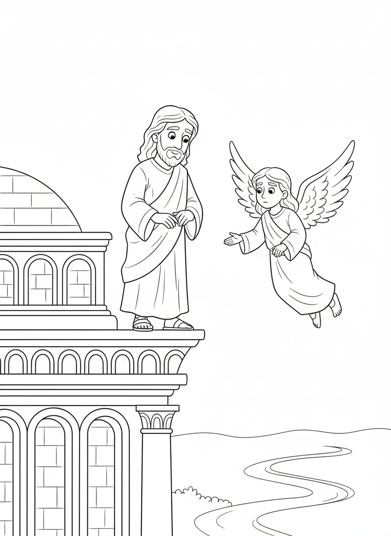 Jésus au bord du temple, page à colorier sur la tentation de Jésus pour les enfants de 5 à 10 ans.