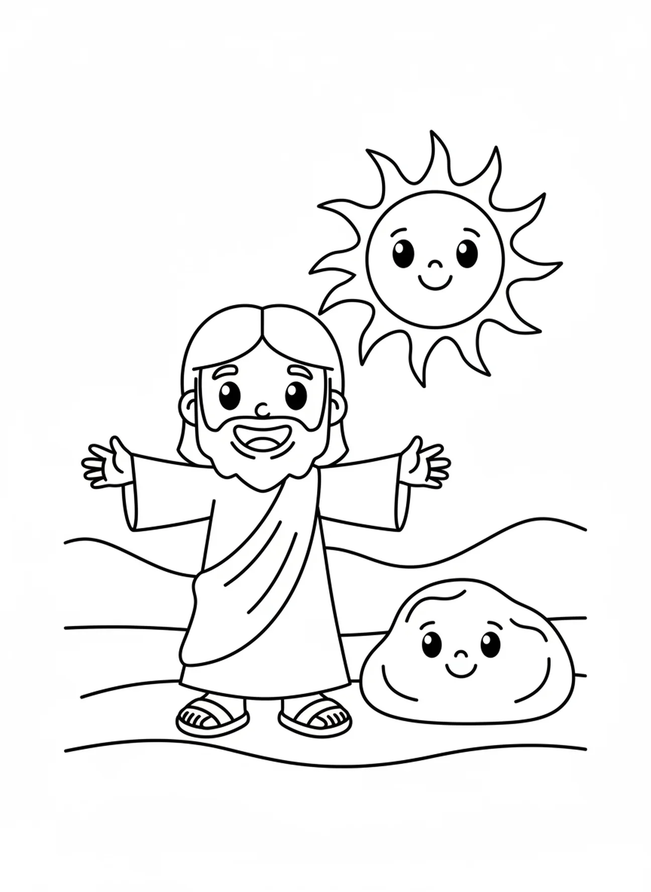 Jesus sorridente, página de colorir sobre a Tentação de Jesus para crianças de 3 a 5 anos