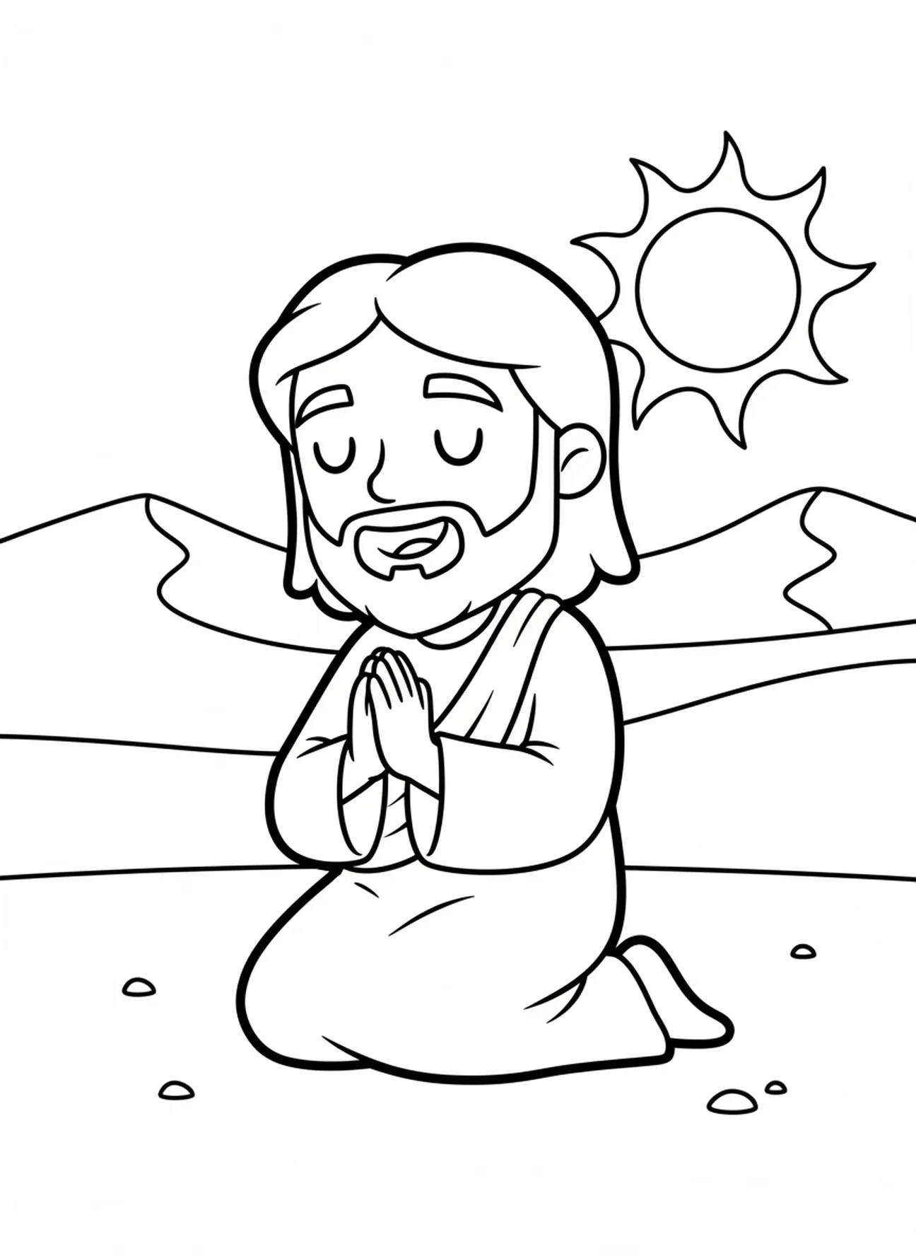 Jesus sorridente orando, página de colorir sobre a Tentação de Jesus para crianças de 3 a 5 anos
