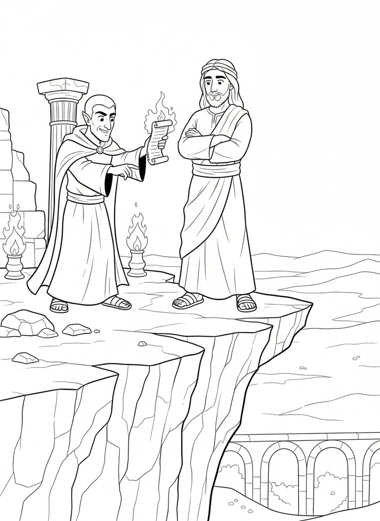 Jésus se tenant ferme les bras croisés, page à colorier sur la Tentation de Jésus pour les enfants de l'École du dimanche âgés de 5 à 12 ans
