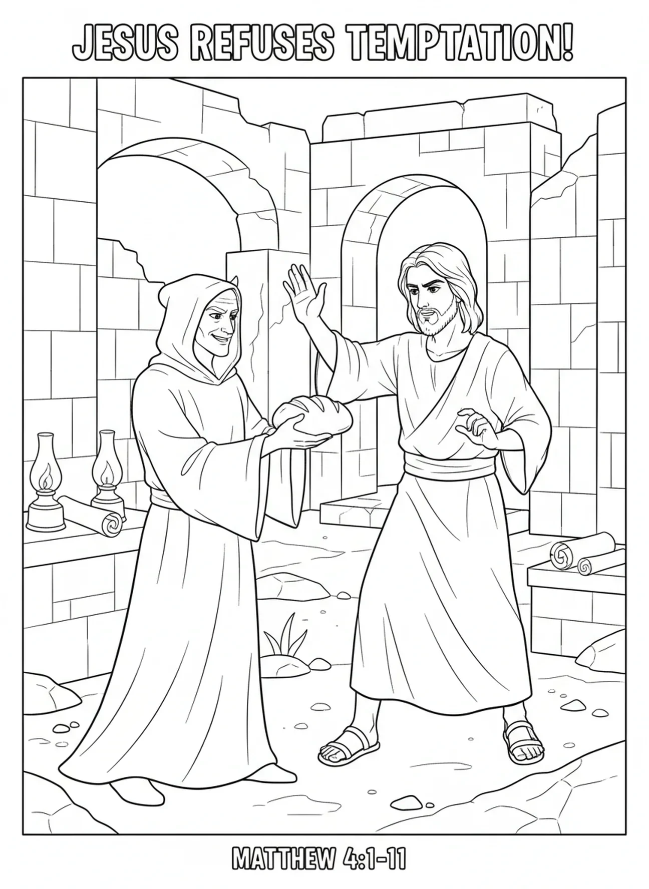 Jésus secouant la tête, page à colorier sur la Tentation de Jésus pour les enfants de l'École du dimanche âgés de 5 à 12 ans