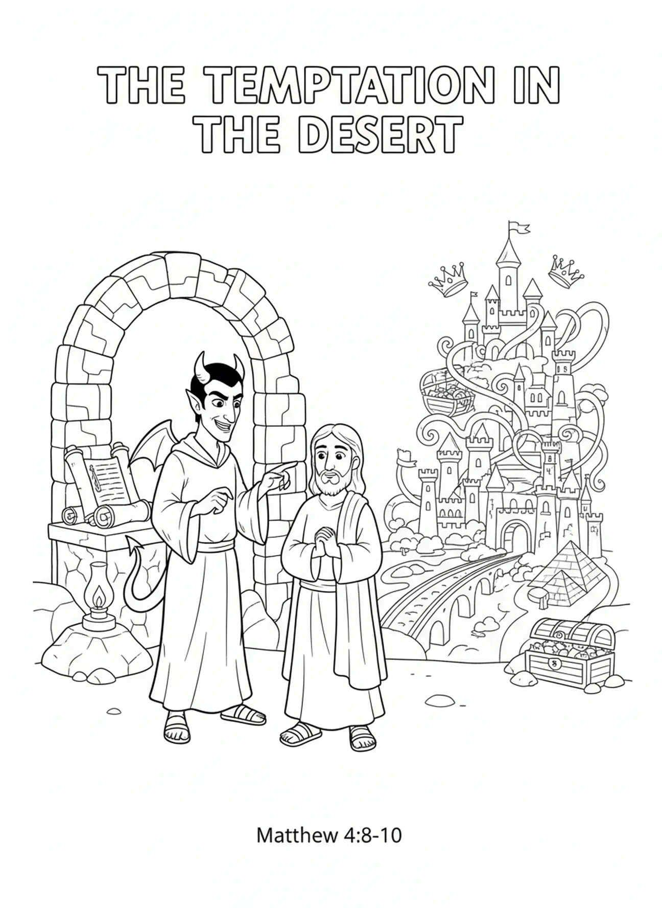 Satan montrant les royaumes, page à colorier de la Tentation de Jésus pour les enfants de l'École du dimanche âgés de 5 à 12 ans