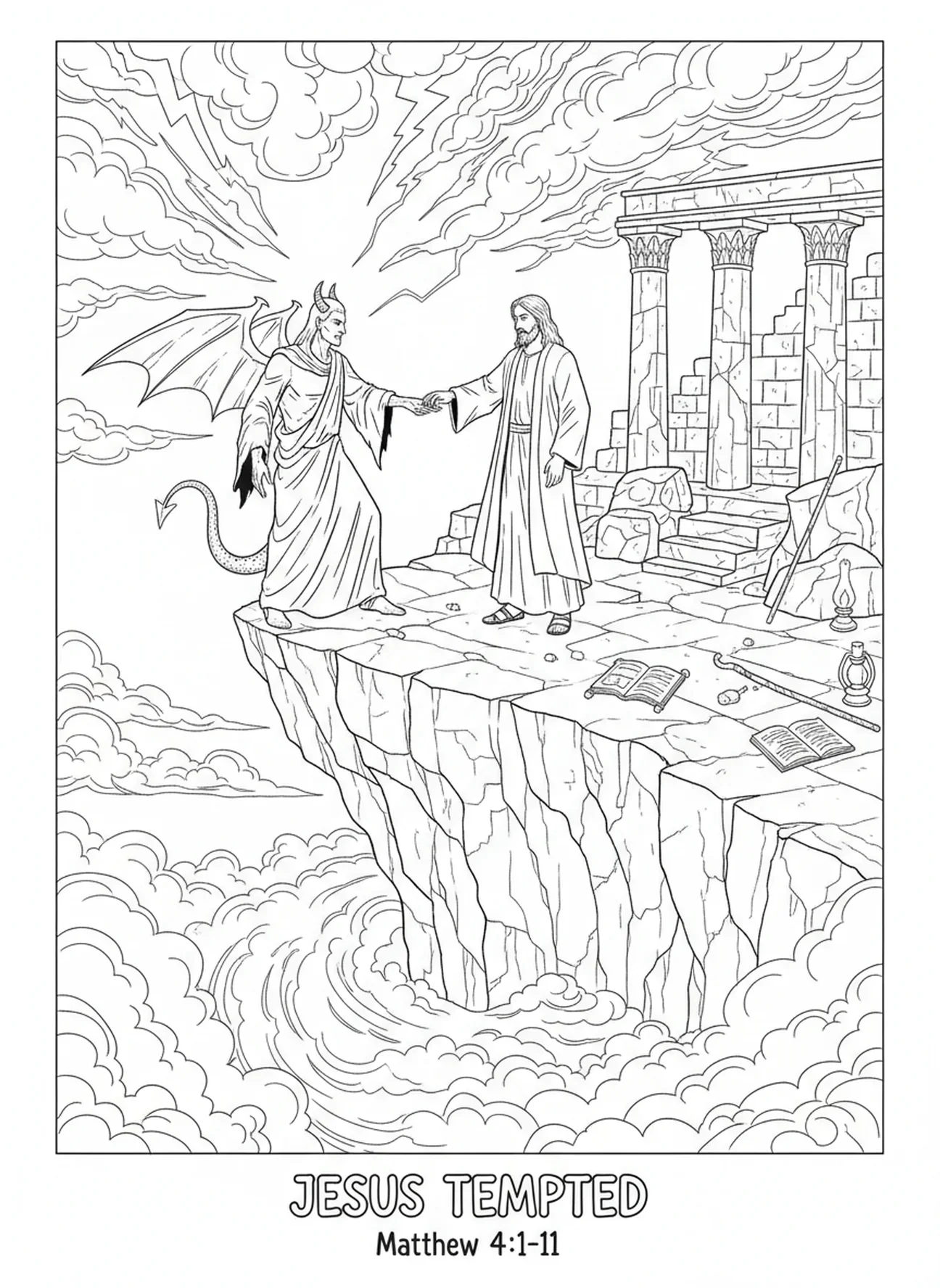 Satan faisant un geste vers une falaise, page à colorier de la Tentation de Jésus pour les enfants de l'École du dimanche âgés de 5 à 12 ans