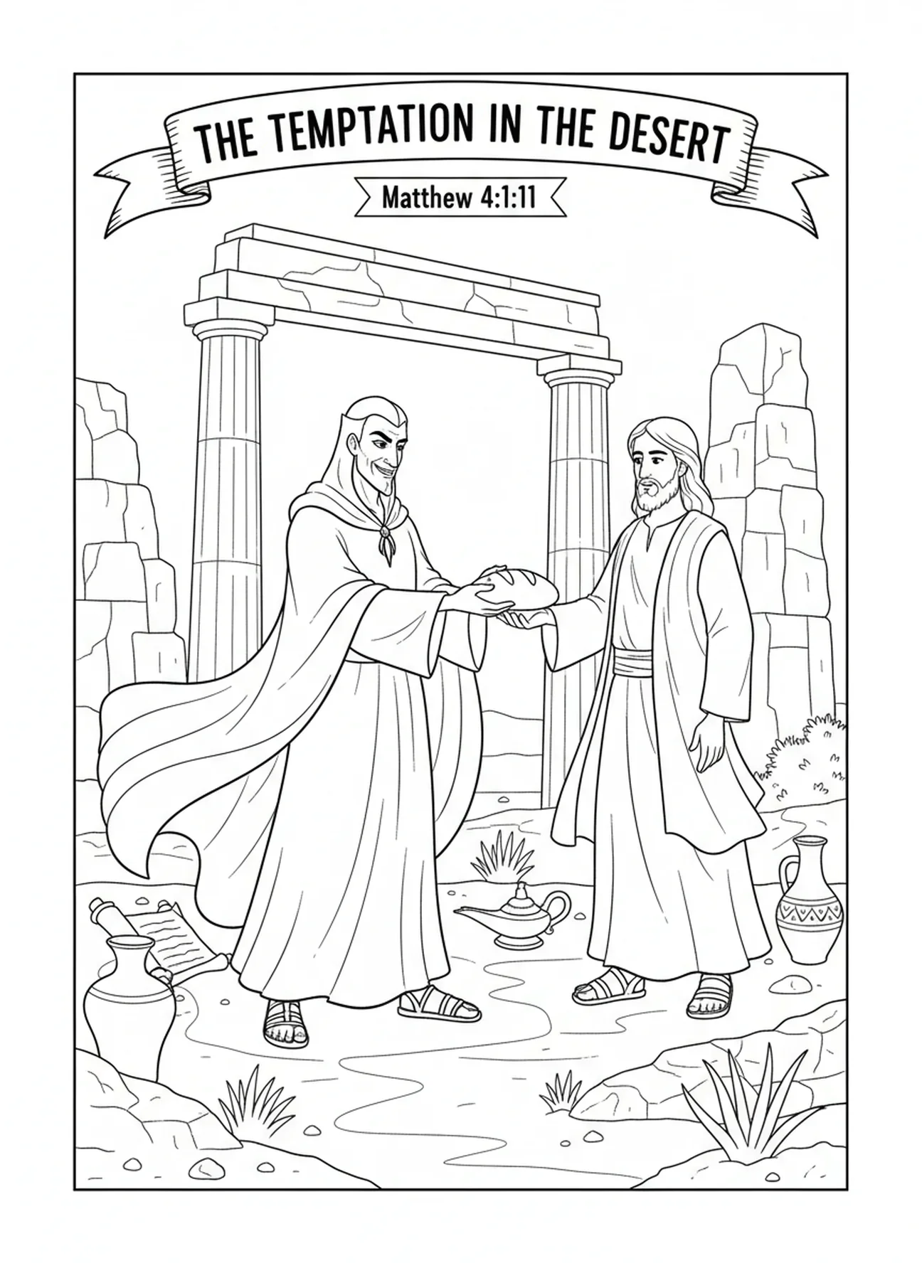 Satan présentant du pain, page à colorier sur la Tentation de Jésus pour les enfants de l'École du dimanche âgés de 5 à 12 ans