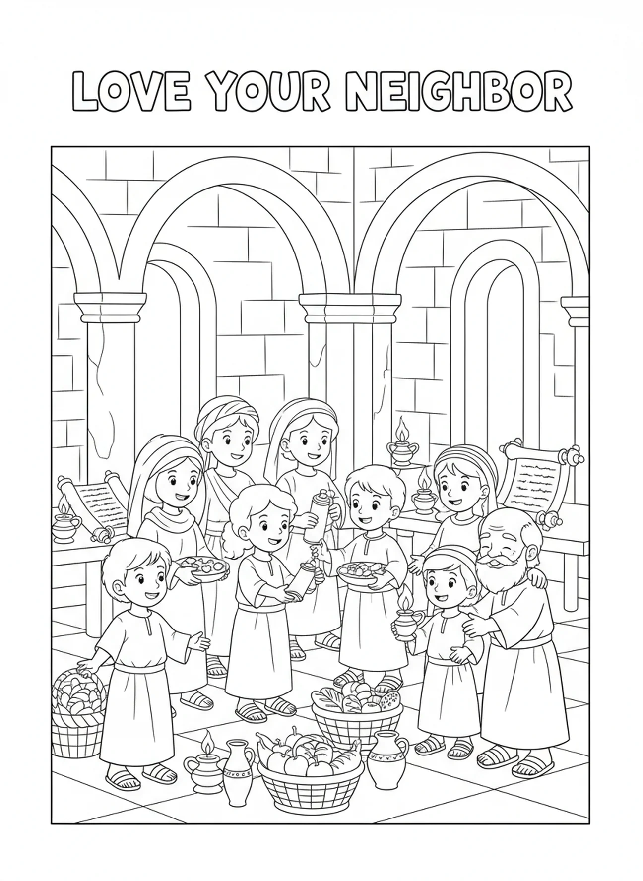 Des enfants partageant joyeusement l'amour en communauté, page à colorier Jésus La Porte pour les enfants de l'École du dimanche âgés de 5 à 12 ans.