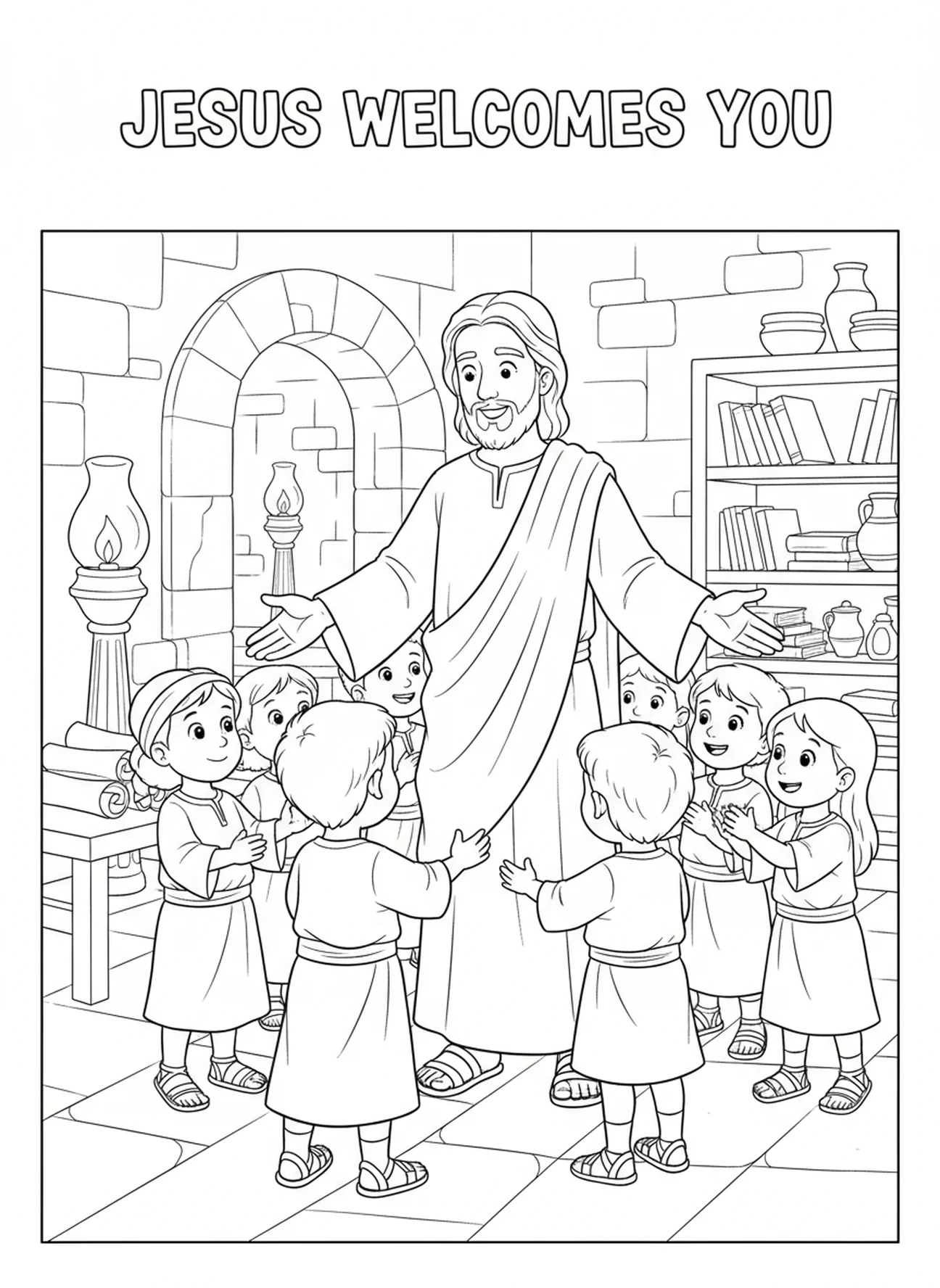 Jésus invitant des enfants à entrer, page à colorier Jésus La Porte pour les enfants de l'École du dimanche âgés de 5 à 12 ans.