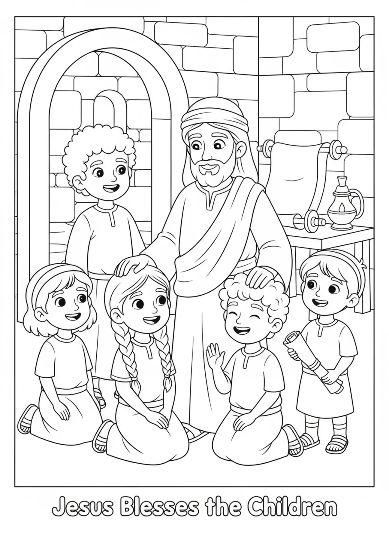 Jésus bénissant des enfants avec joie, page à colorier Jésus La Porte pour les enfants de l'École du dimanche âgés de 5 à 12 ans.