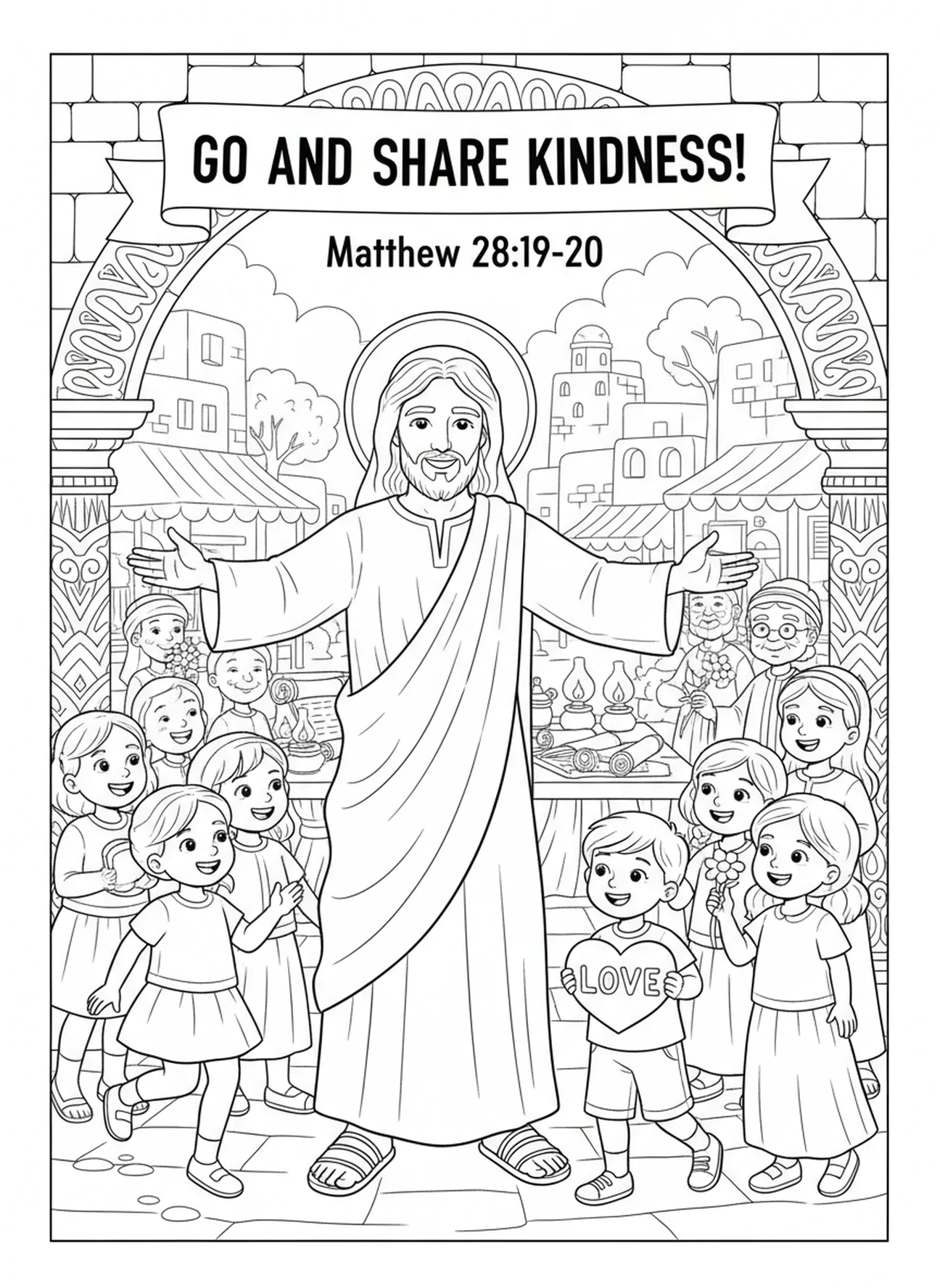 Jésus envoyant des enfants avec des sourires, page à colorier Jésus La Porte pour les enfants de l'École du dimanche âgés de 5 à 12 ans.