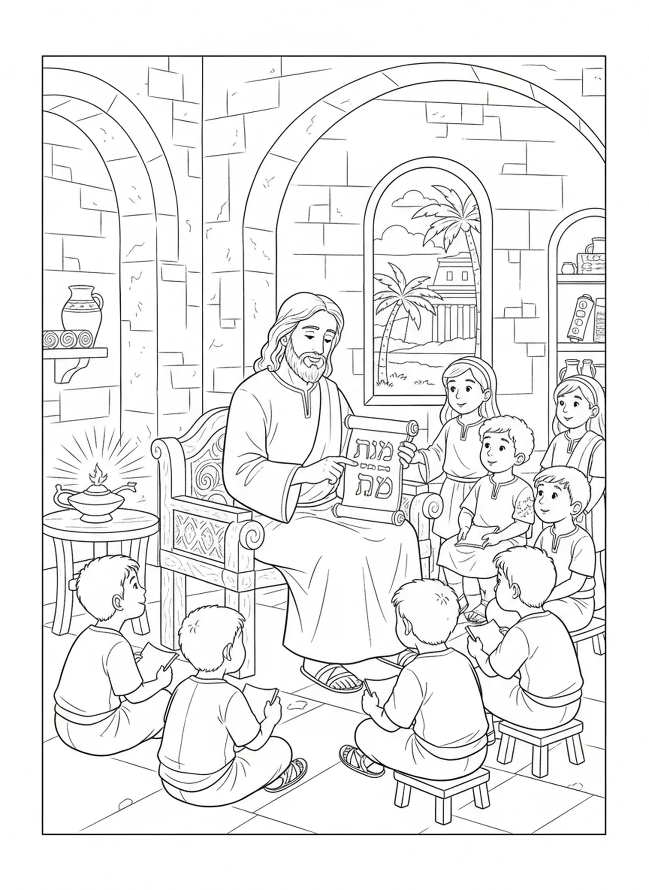 Jésus enseignant des enfants avec des rouleaux, page à colorier Jésus La Porte pour les enfants de l'École du dimanche âgés de 5 à 12 ans.